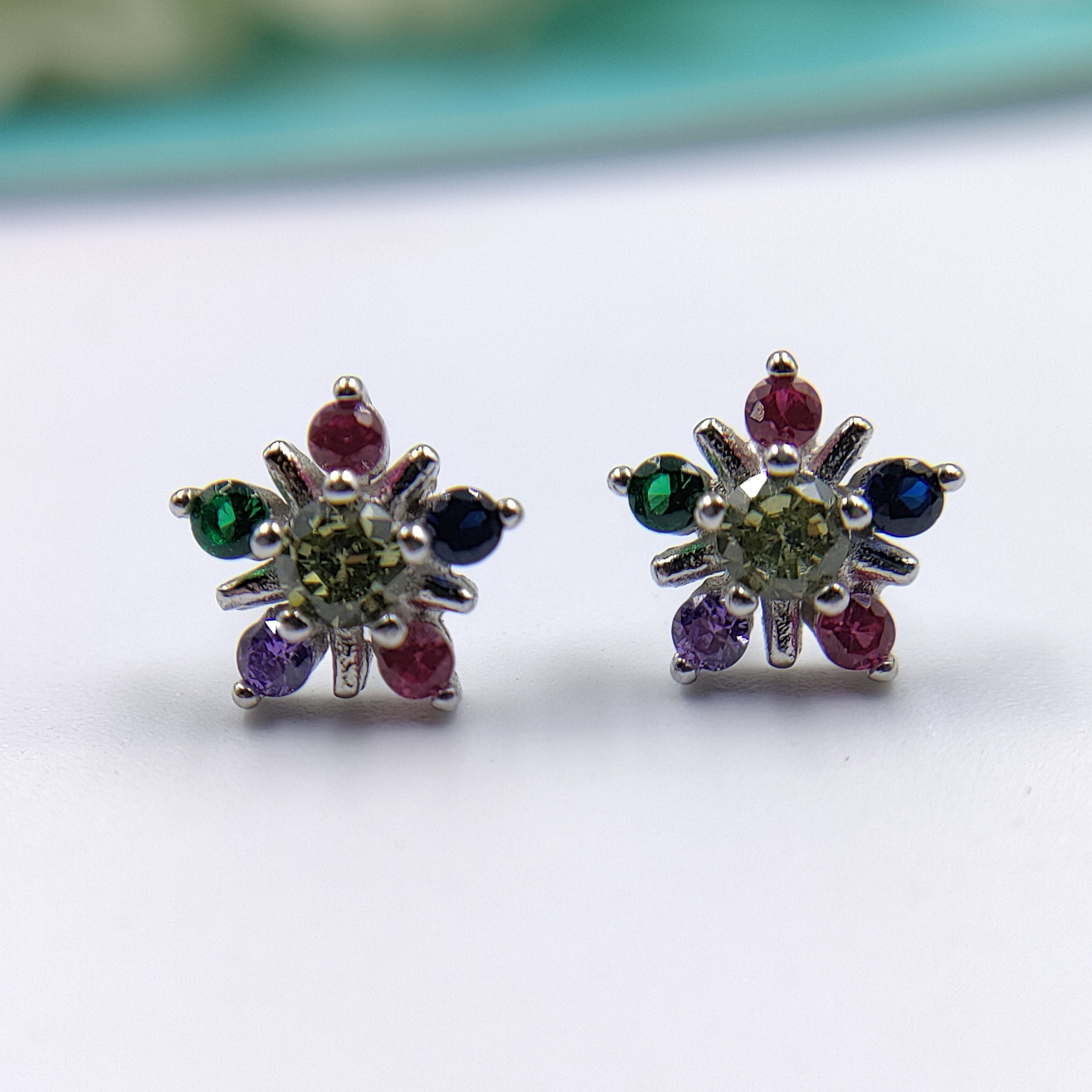 Beautiful 925 Silver Star Round Floral Design Studs Earrings Stylish Colorful Cubic Zirconia Stud Earring