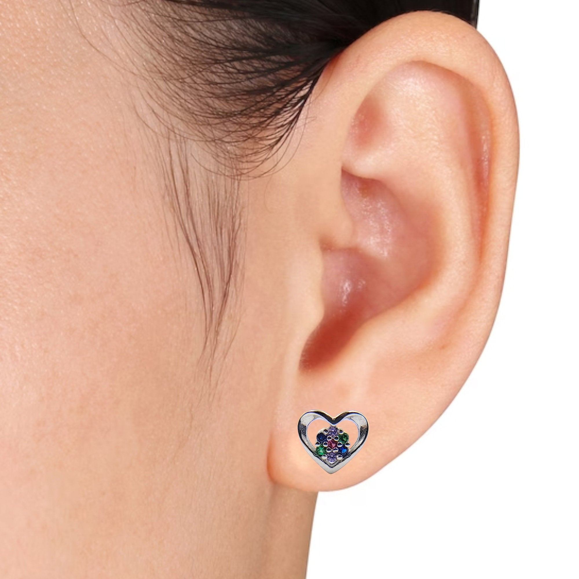 925 Sterling Silver Pretty Heart with Multicolor CZ Flower Stud Earrings Jewelry for Women Fine Jewelry Earrings Handmade Gift