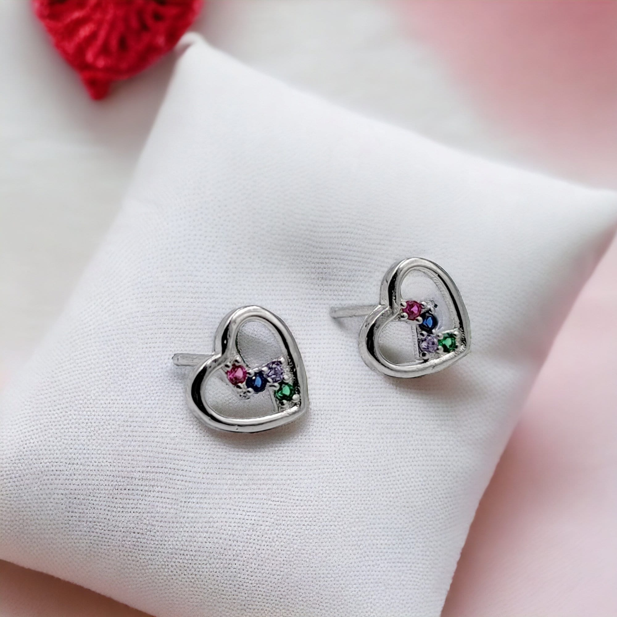 925 Sterling Silver Pretty Heart with Multicolor Zig Zag CZ Stud Earrings Jewelry for Women Fine Jewelry Handmade Gift