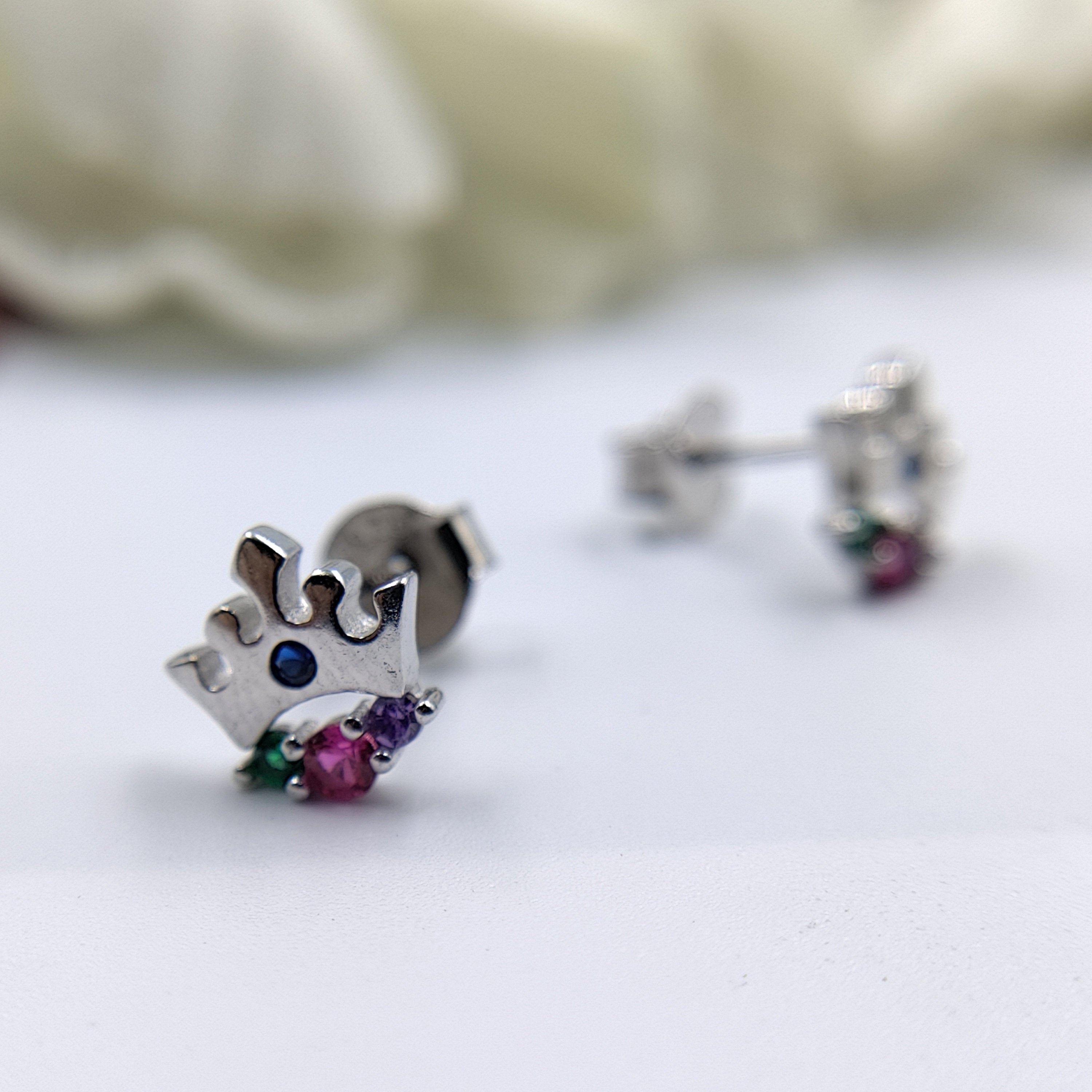 Sterling Silver Crown Earring with Multi Coloured CZ Detail Queen Princess Stud Earrings Minimalist Handmade Gift