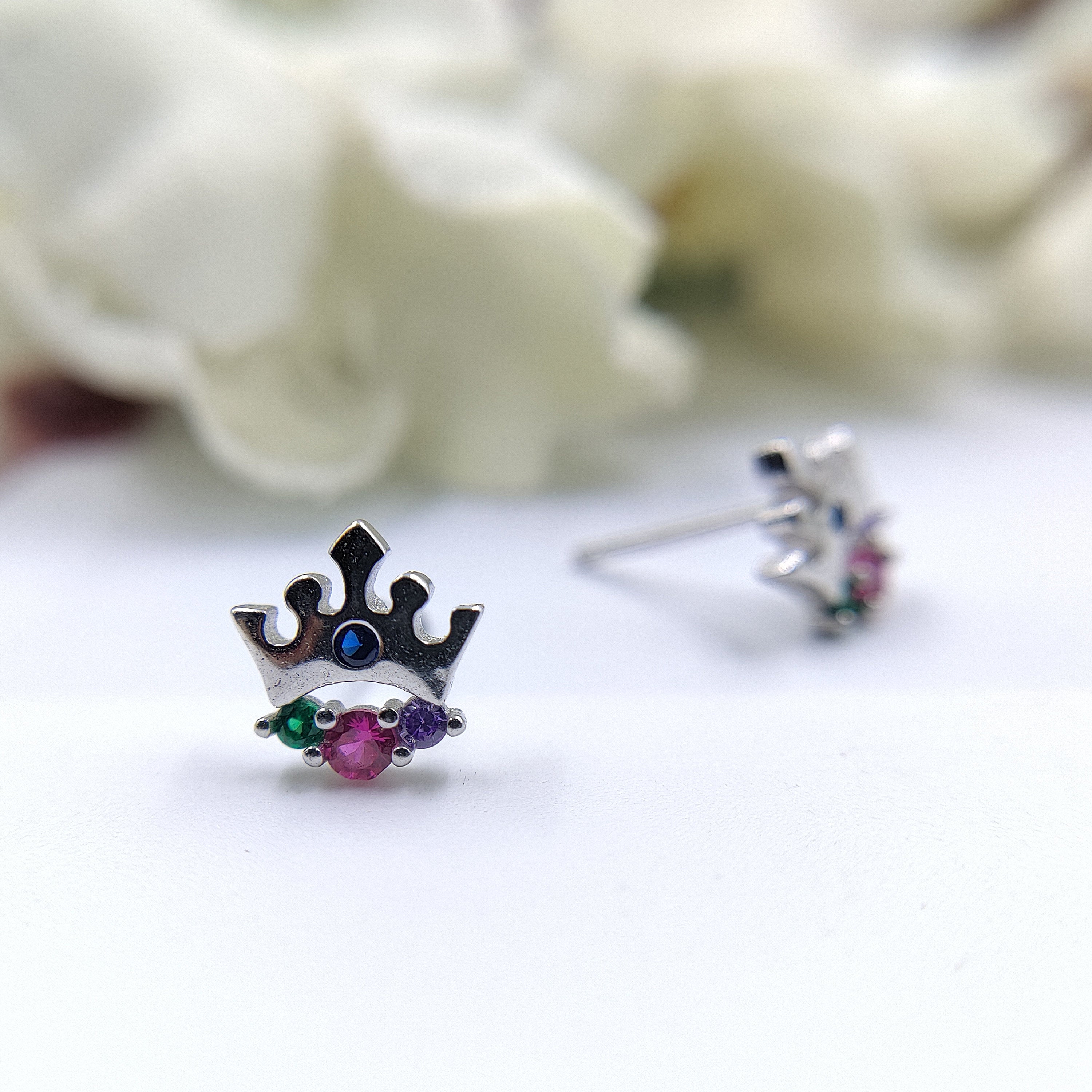 Sterling Silver Crown Earring with Multi Coloured CZ Detail Queen Princess Stud Earrings Minimalist Handmade Gift