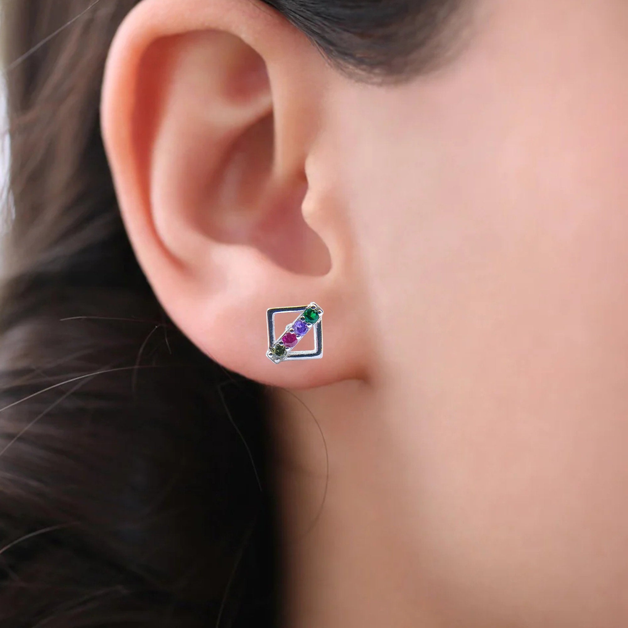 Colorful Cubic Zirconia Strips Line in Square Studs 925 Sterling Silver Cubic Earrings Stud Earrings for Women