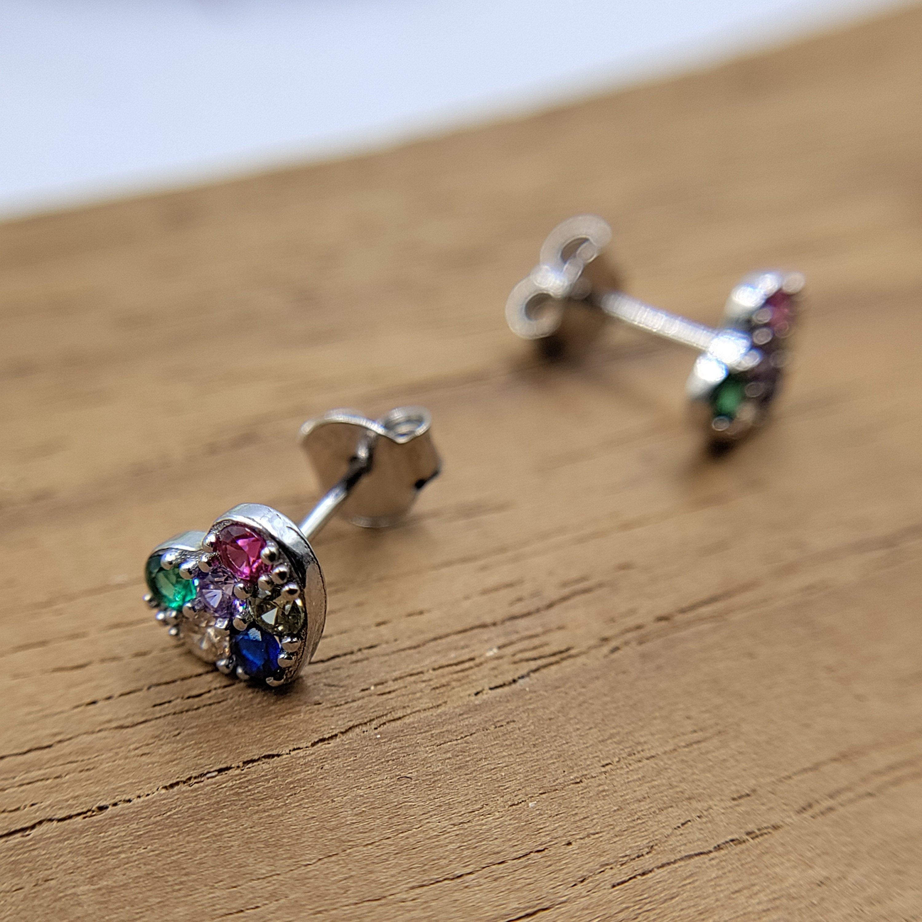 925 Sterling Silver Lovely Heart with Multicolor CZ Stud Earrings Jewellery for Women Handmade Gift