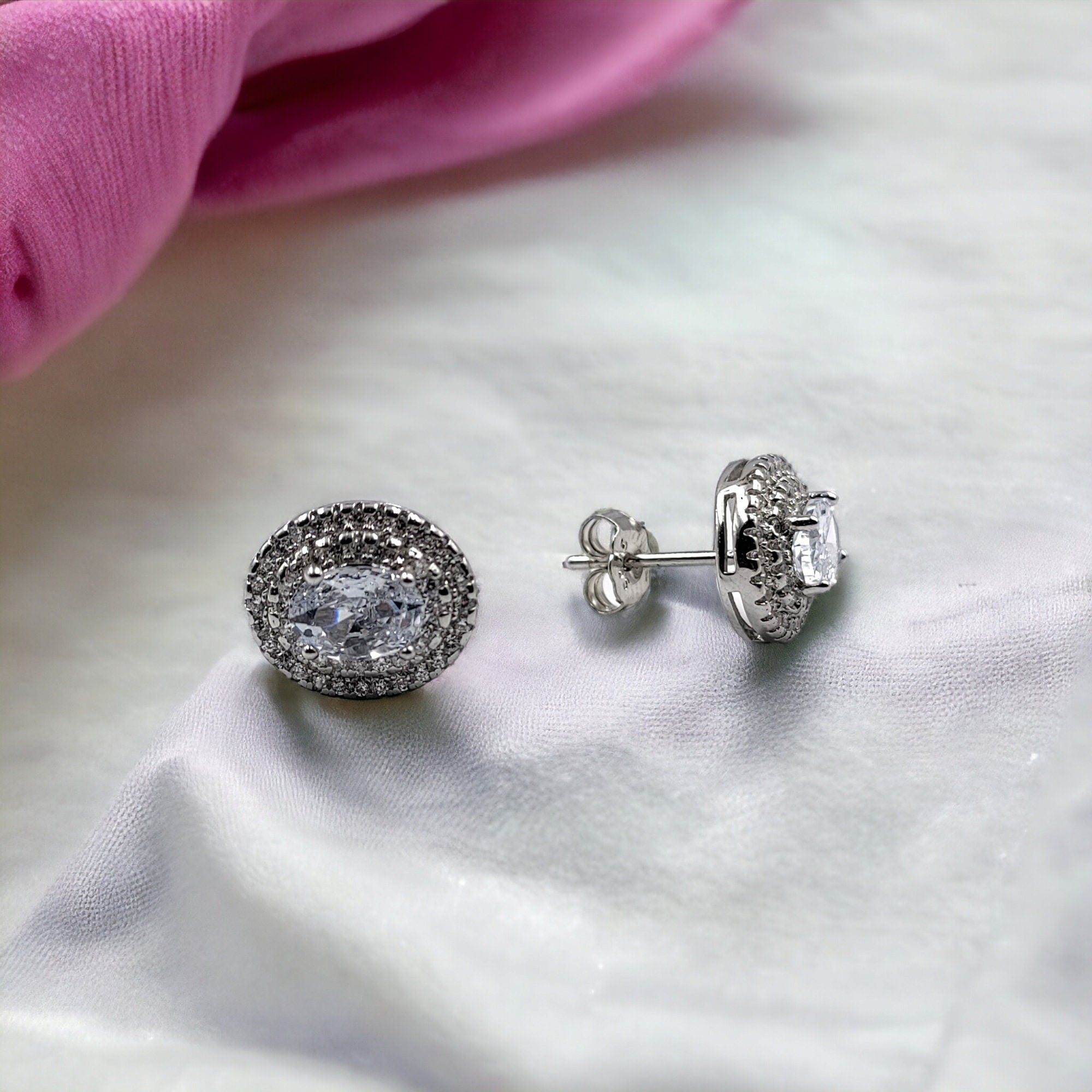 Cubic Zirconia Halo Oval Stud Earrings Sterling Silver CZ Earrings Bridal Wedding Bridesmaids Gift -13x11 mm