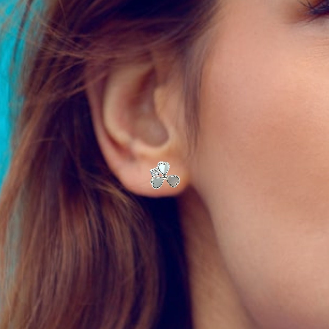 925 Sterling Silver Three Leaf clover Earring Mother of Pearl earrings CZ Solitaire Stud Earrings for Women