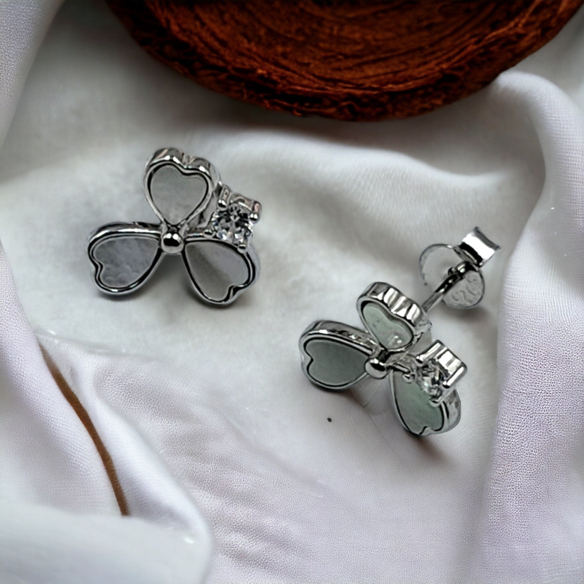 925 Sterling Silver Three Leaf clover Earring Mother of Pearl earrings CZ Solitaire Stud Earrings for Women