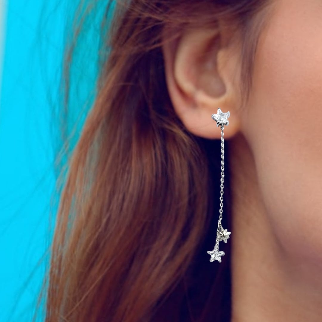 Star Hanging Earrings 925 Sterling Silver Drop and Danglers With CZ Stones Cubic Zirconia Art Minimalist Handmade Gift