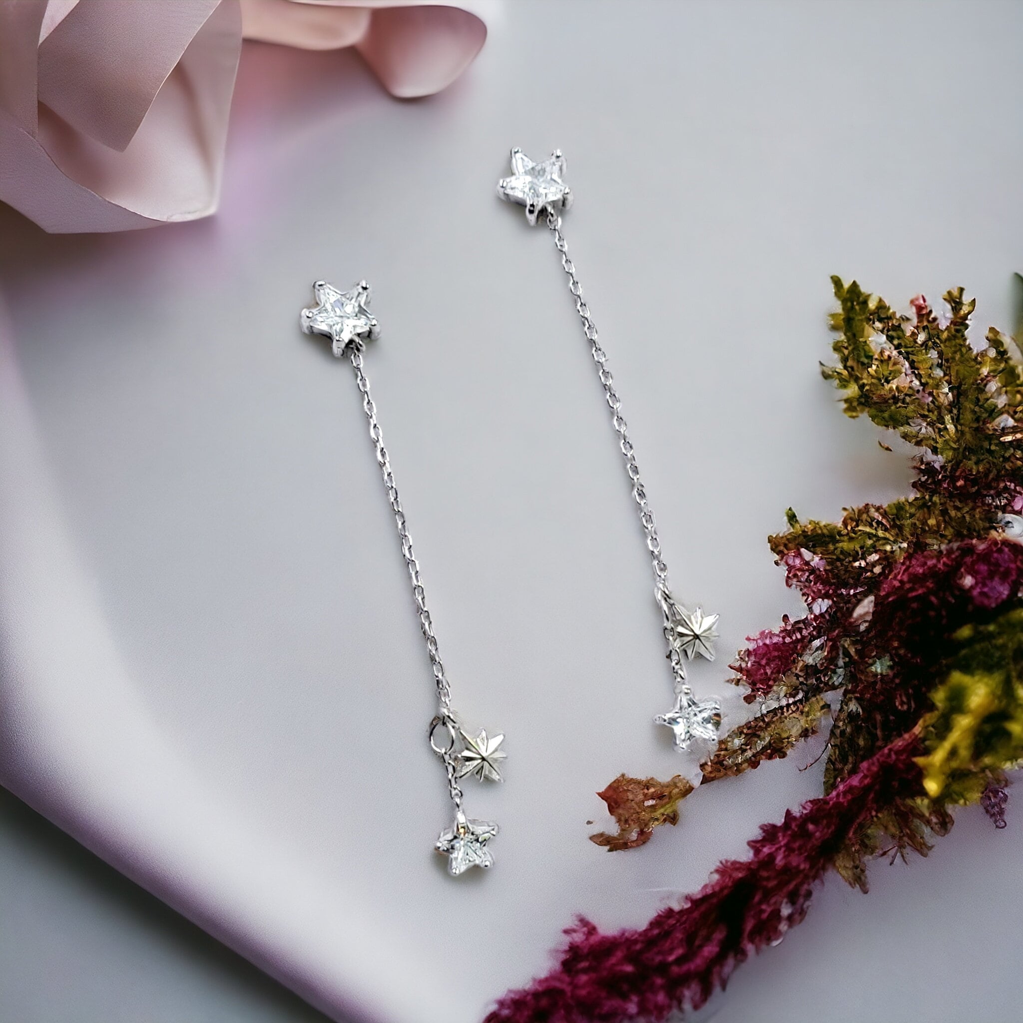 Star Hanging Earrings 925 Sterling Silver Drop and Danglers With CZ Stones Cubic Zirconia Art Minimalist Handmade Gift