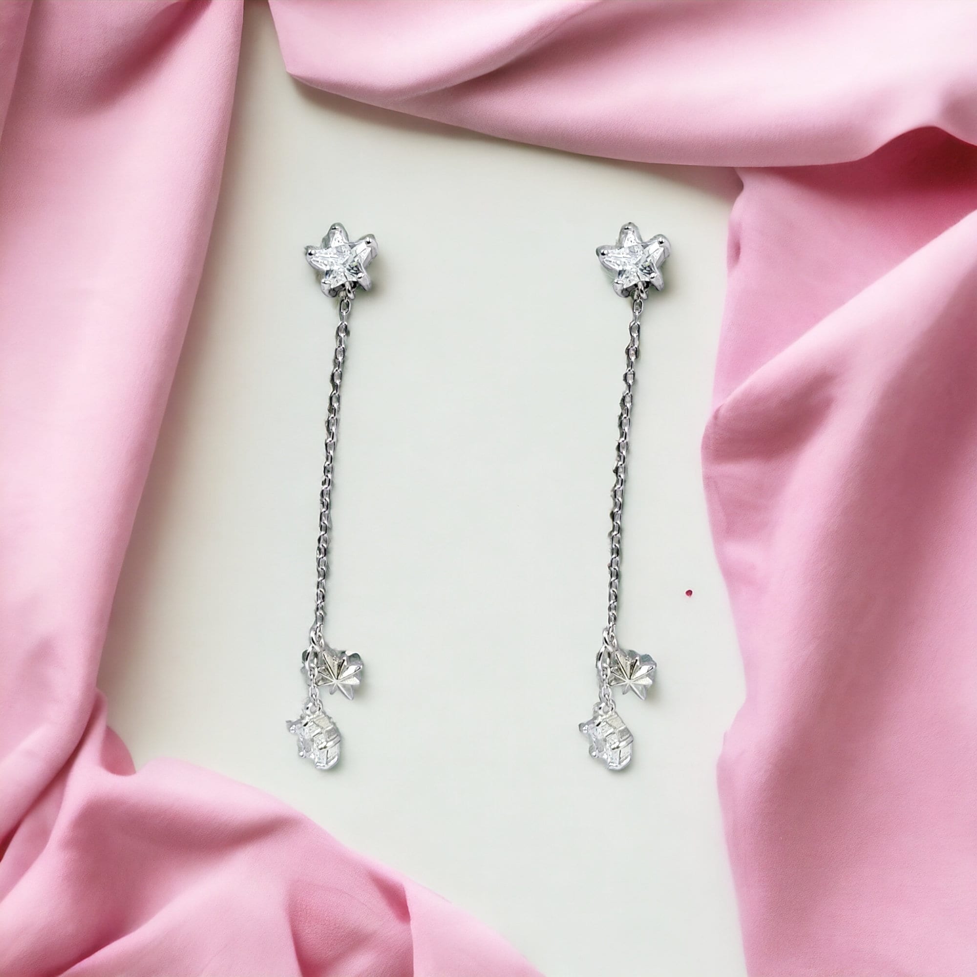Star Hanging Earrings 925 Sterling Silver Drop and Danglers With CZ Stones Cubic Zirconia Art Minimalist Handmade Gift