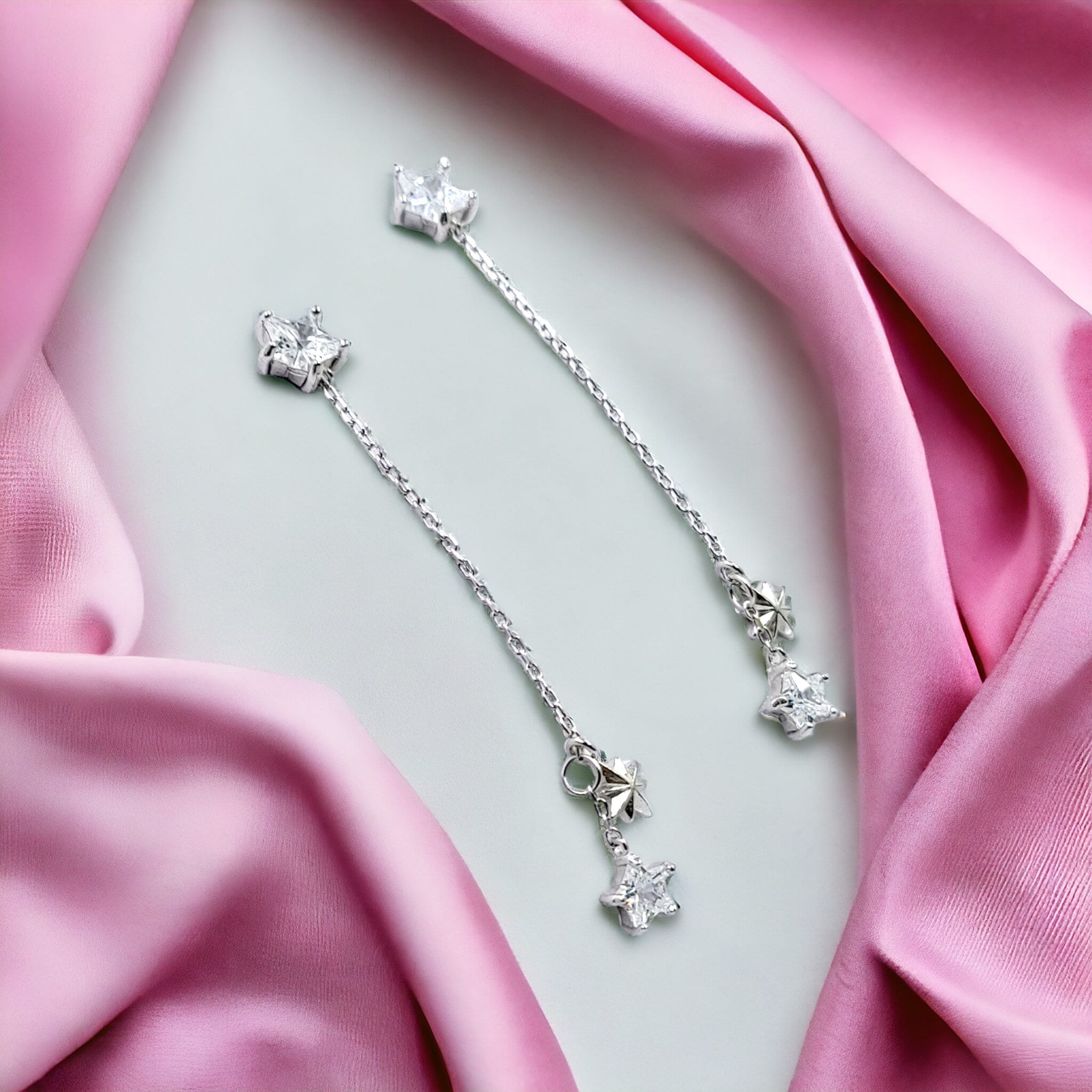 Star Hanging Earrings 925 Sterling Silver Drop and Danglers With CZ Stones Cubic Zirconia Art Minimalist Handmade Gift