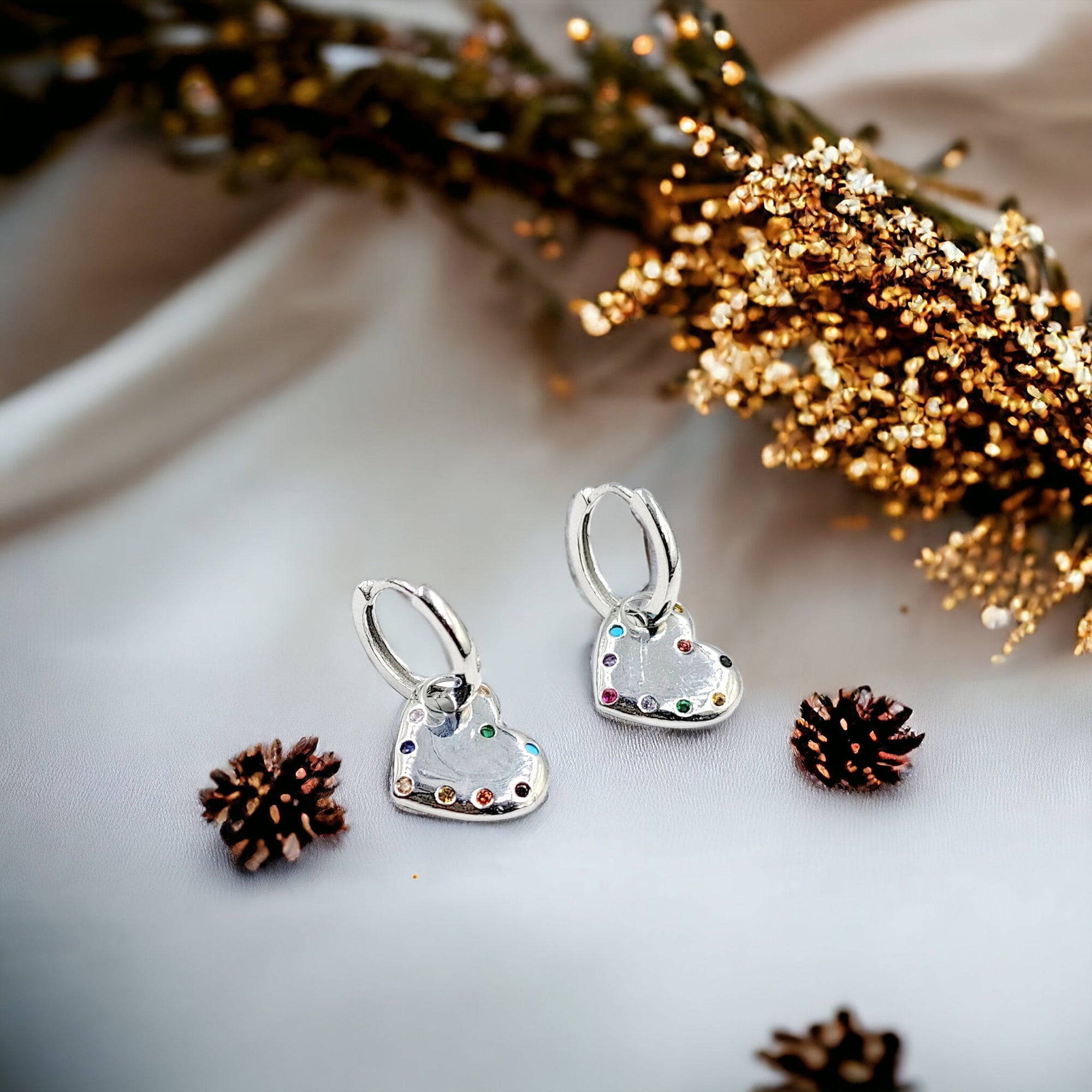 Heart with colored Stone Heart Hoop CZ Cubic Zirconia Convertible Earrings Heart in Hoop Minimalist Handmade Gift-23x14 mm