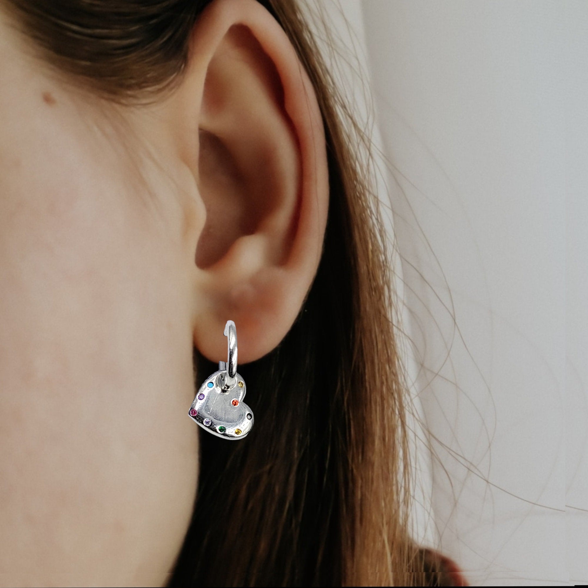 Heart with colored Stone Heart Hoop CZ Cubic Zirconia Convertible Earrings Heart in Hoop Minimalist Handmade Gift-23x14 mm