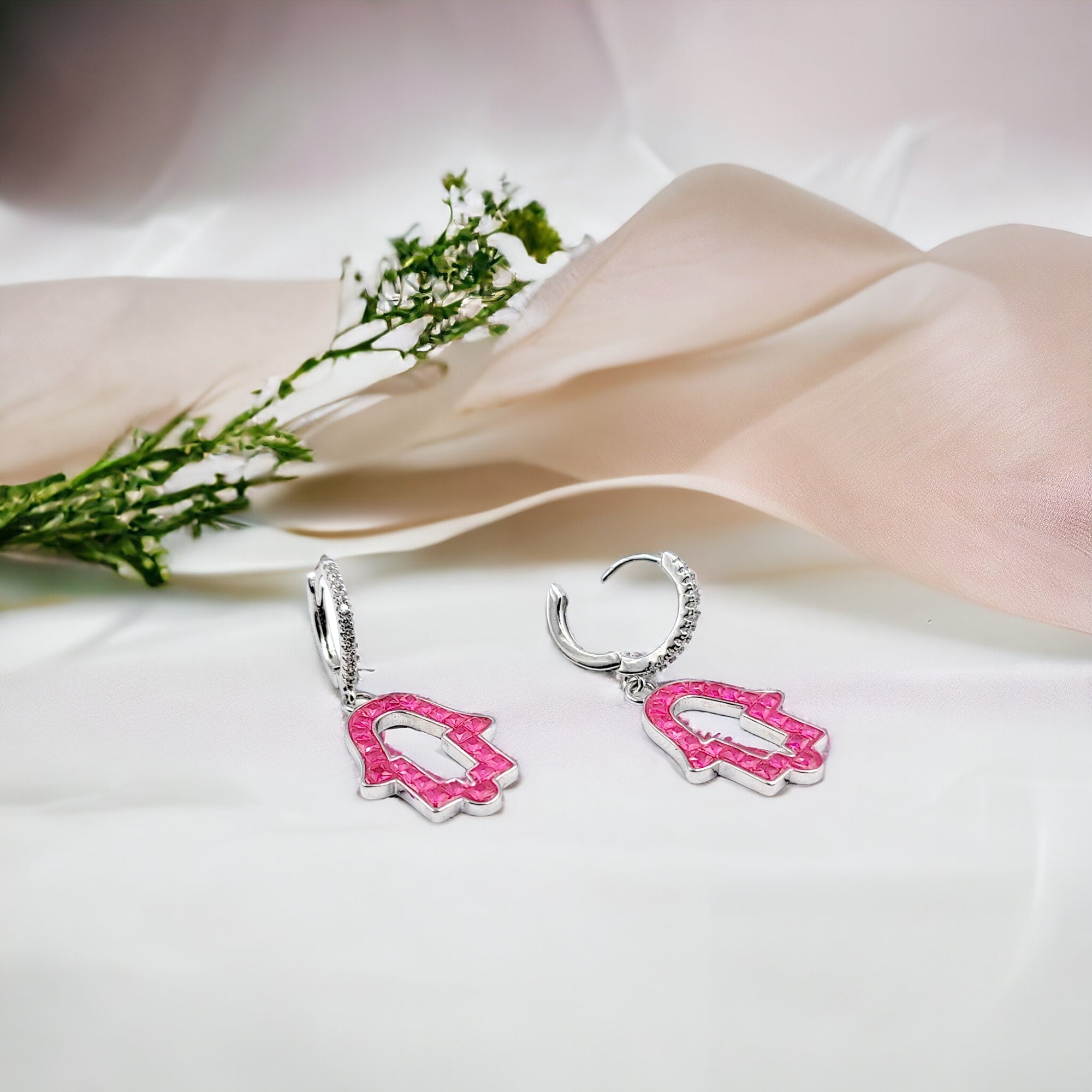 925 Silver Hamsa Stunning Hoop Earrings CZ Art Earrings Hand Sign Boho Stud Minimalist Handmade Gift-31x14 mm