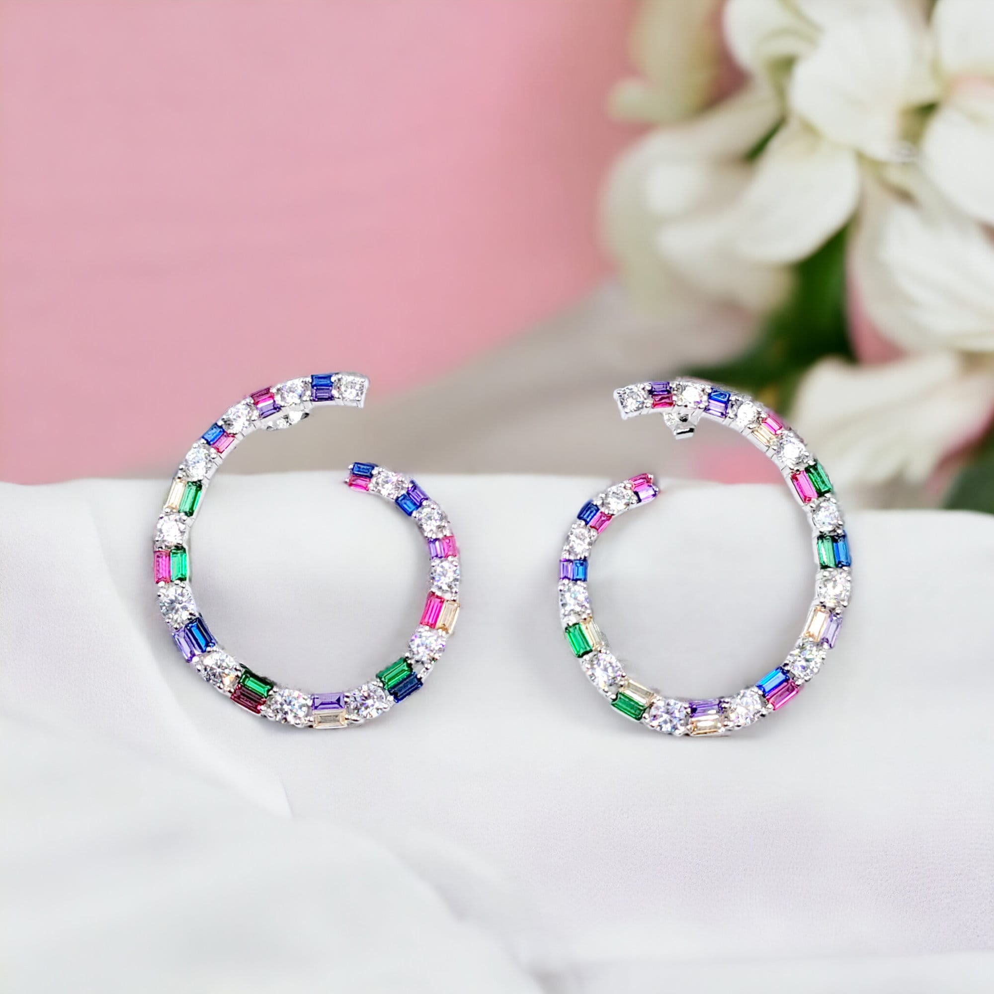 Multi Rainbow Color CZ Twisted Hoop Earrings Multi color Hoop Minimalist Handmade Gift-40x33 mm