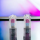 925 Sterling Silver Pave Blue and Pink Diamond Earrings Hoop Earrings CZ Studded Bali -15x7 mm