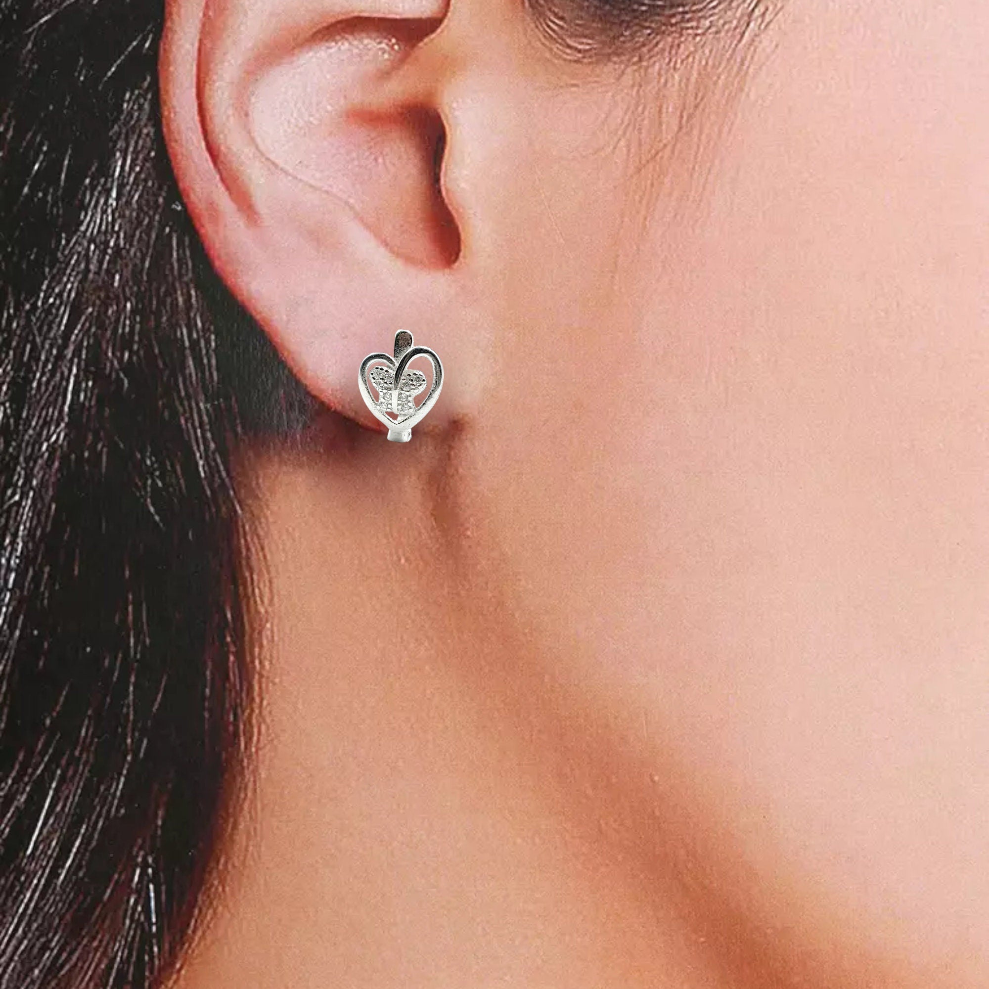 The Butterfly Heart Silver Hoop Earrings Aesthetic Jewelry Unique CZ Stud for Women-15x10 mm