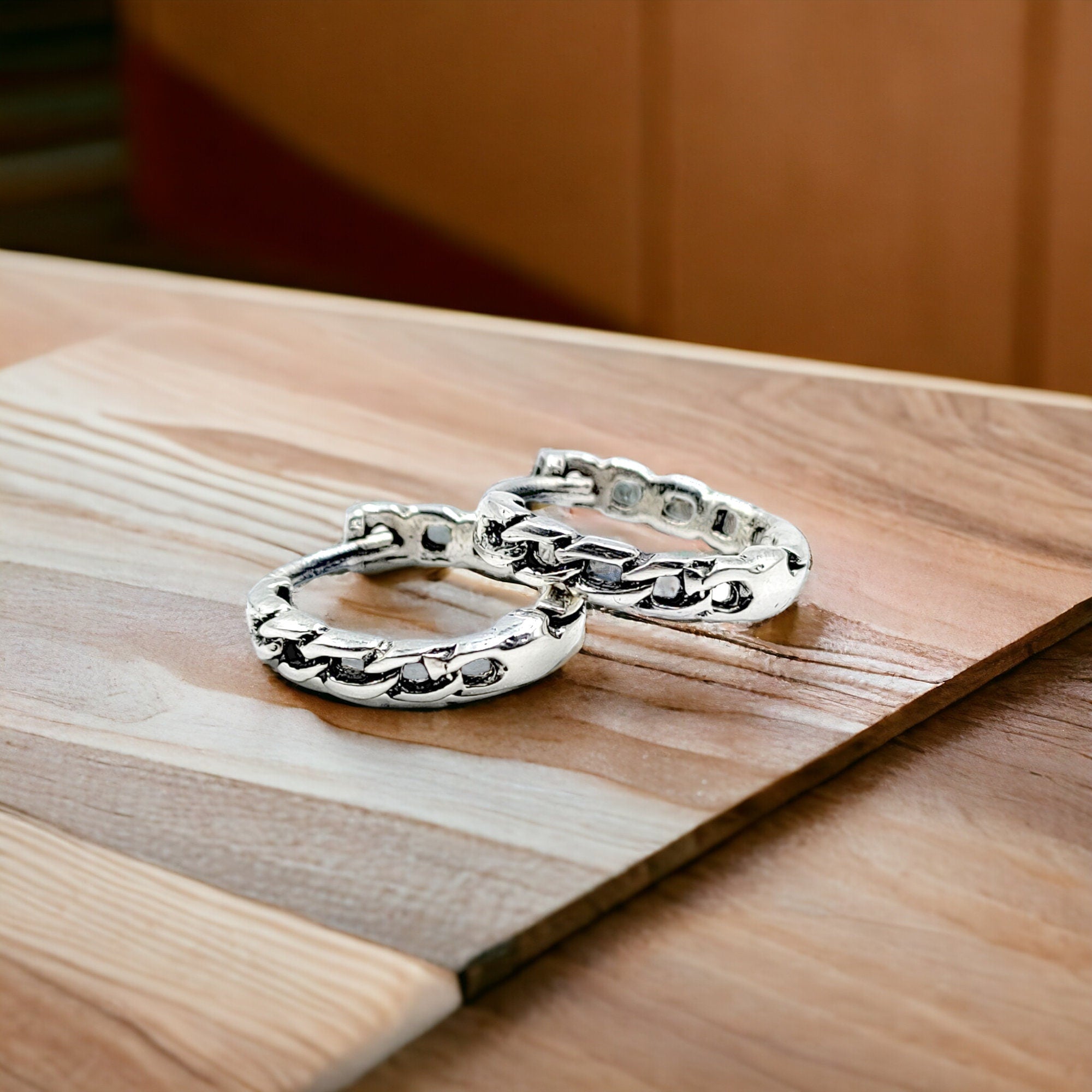 Chain Link Hoop Earrings Chunky Earrings Silver Hoop Earrings Minimalist Handmade Gift,Daily Jewellery-Length-11 mm