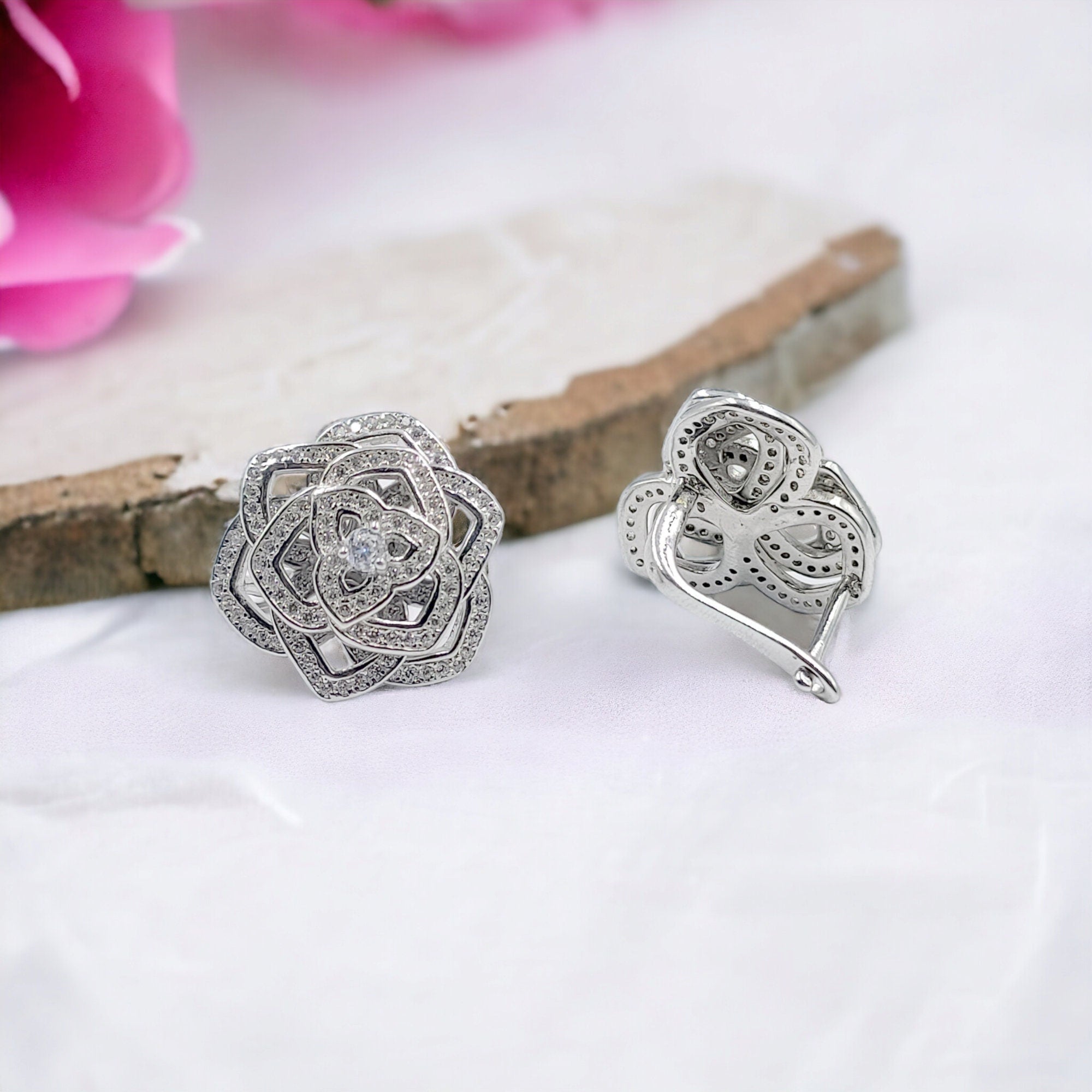 Silver Floral Stud Earrings Sparkling CZ 925 Sterling Silver Stud Asymmetric Unique Trending Jewellery Minimalist Handmade Gift