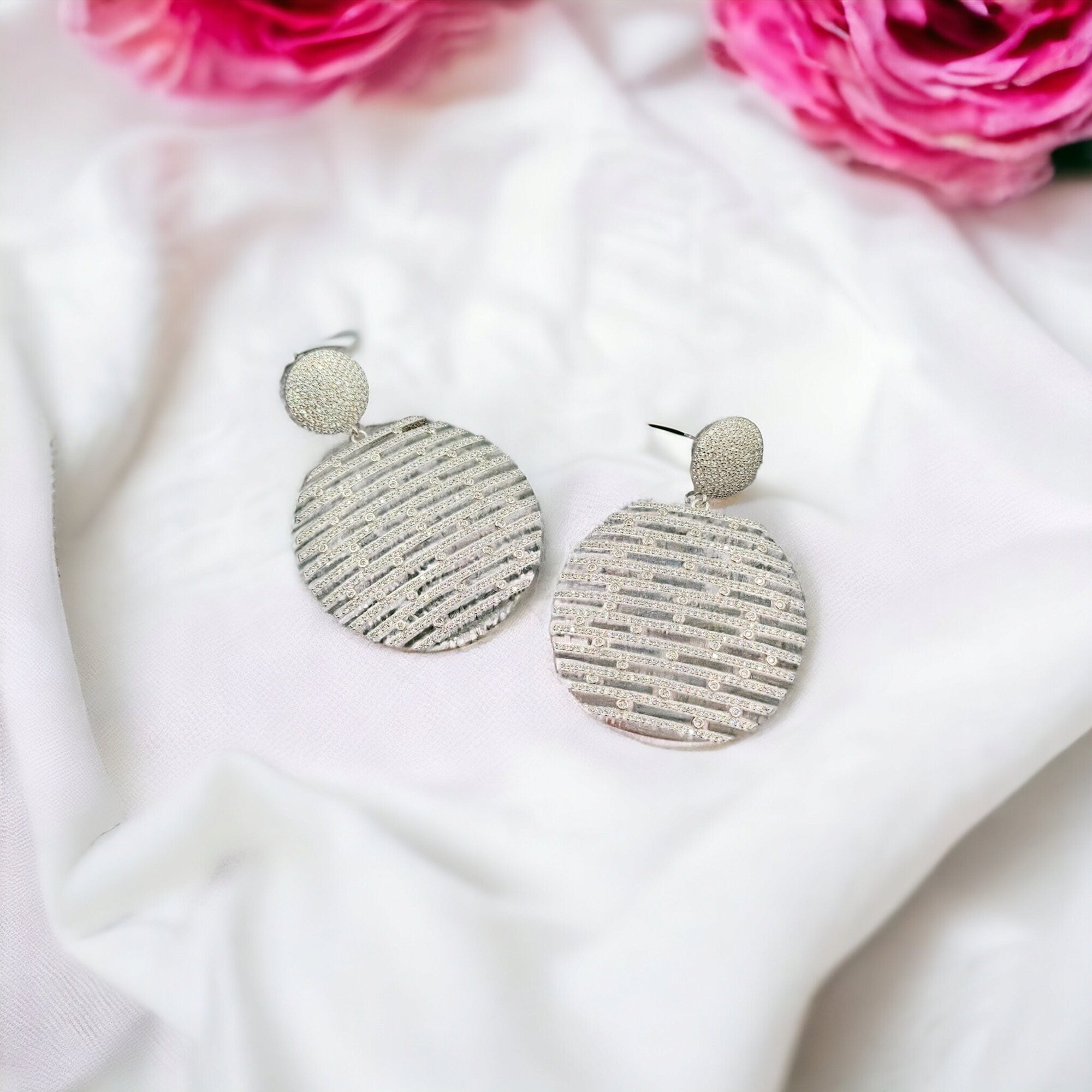 Big Round Zig Zag CZ Drop Earring Layered Earring for her Bridal 925 Sterling Silver Party wear Statement Gift