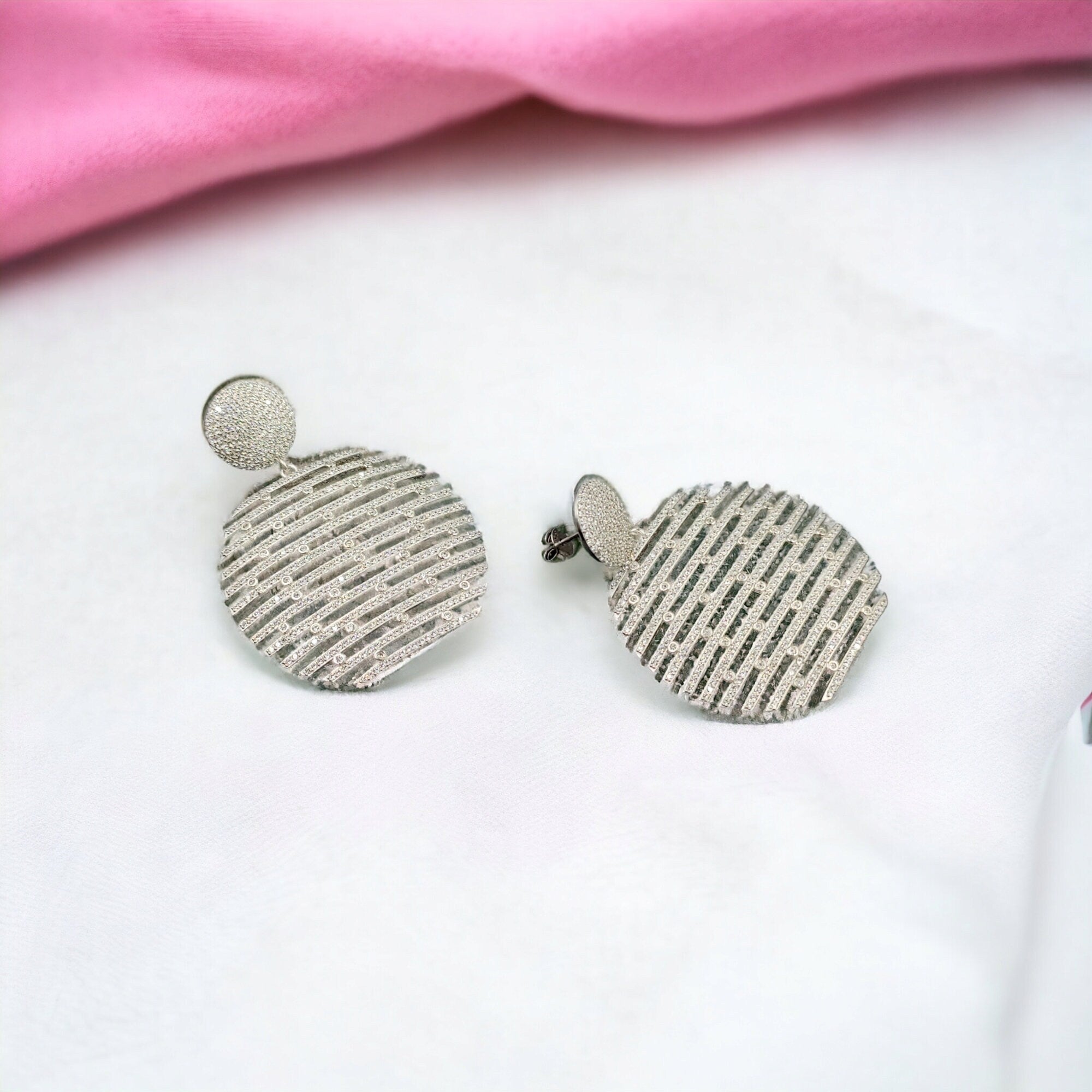 Big Round Zig Zag CZ Drop Earring Layered Earring for her Bridal 925 Sterling Silver Party wear Statement Gift