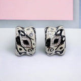 Geometrics Pattern Black & White Wide Earrings 925 Sterling Silver CZ Statement Enamel Jewelry-17x12 mm