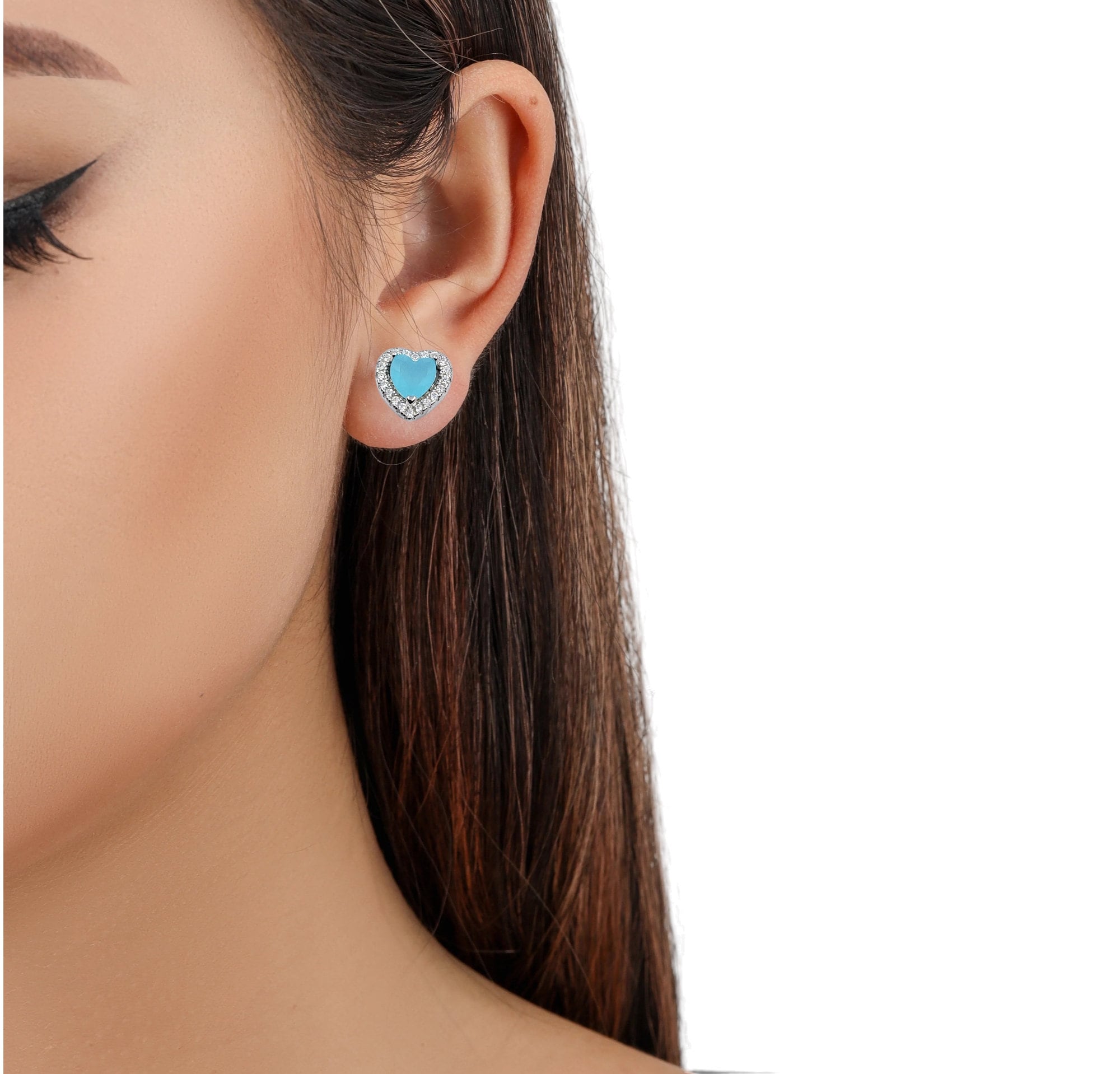 Turquoise Cubic Zirconia Diamond Heart Stud Earrings Minimalist Jewelry Gift