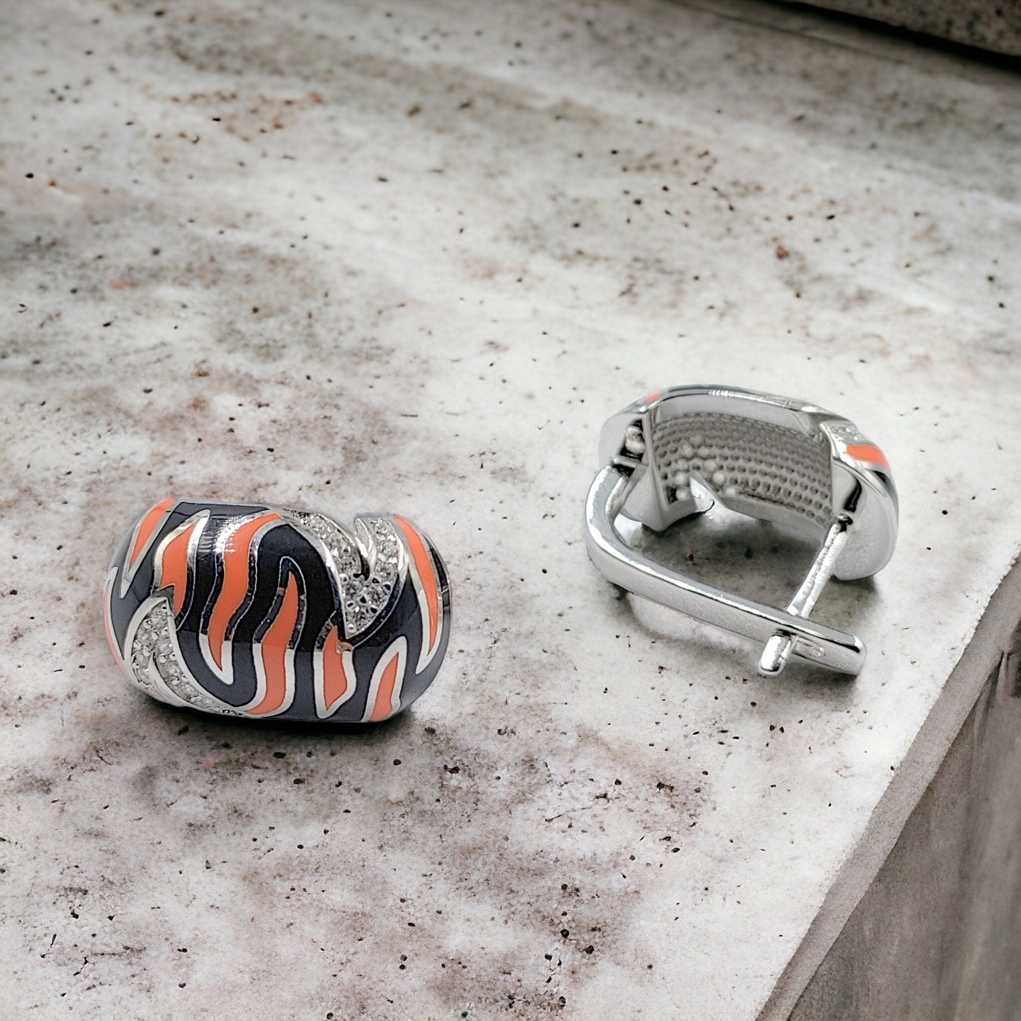 Enamel Hoop Earring 925 Sterling Silver Leopard Pattern Orange Black Enamel Shiny CZ Earrings Jewelry-18x10 mm