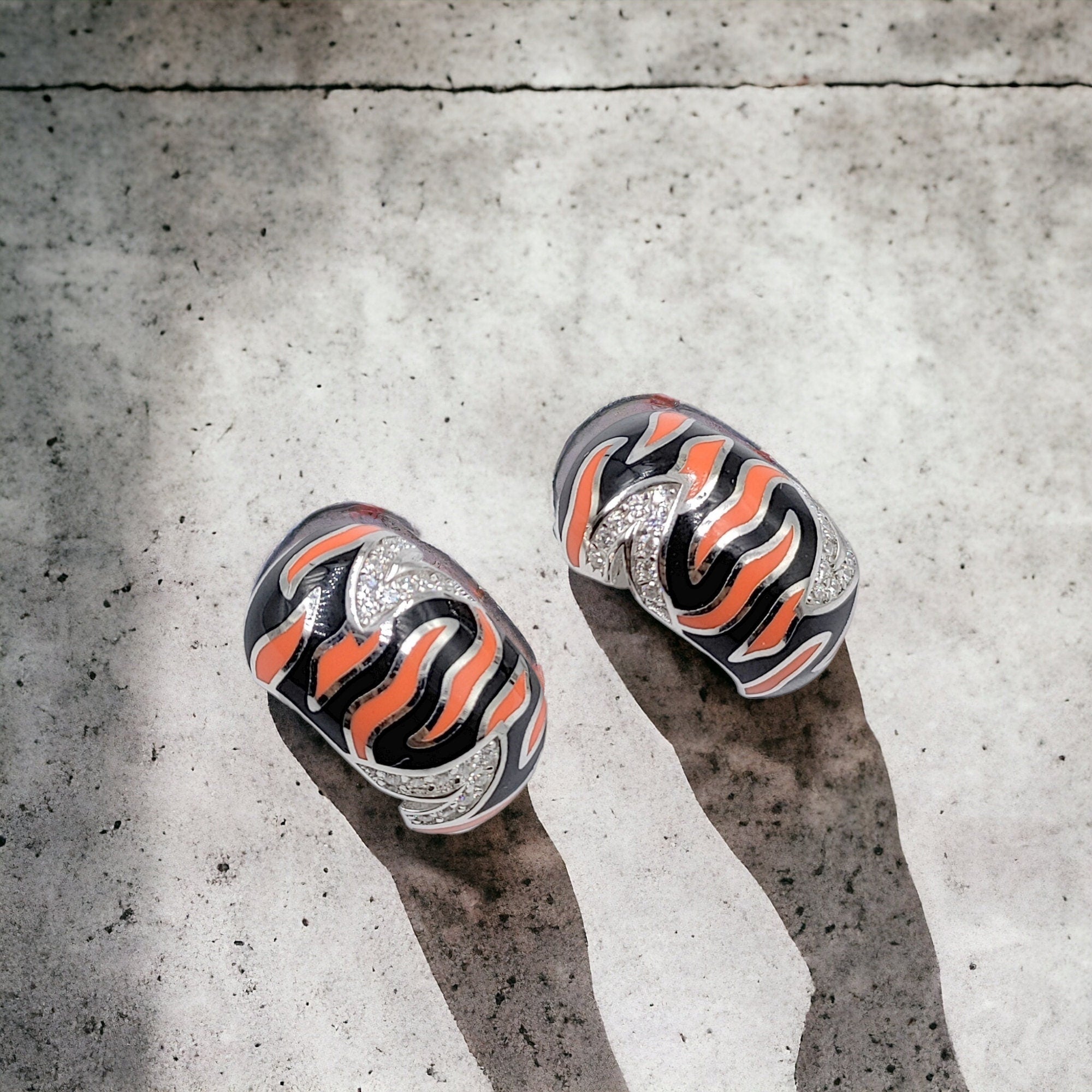 Enamel Hoop Earring 925 Sterling Silver Leopard Pattern Orange Black Enamel Shiny CZ Earrings Jewelry-18x10 mm