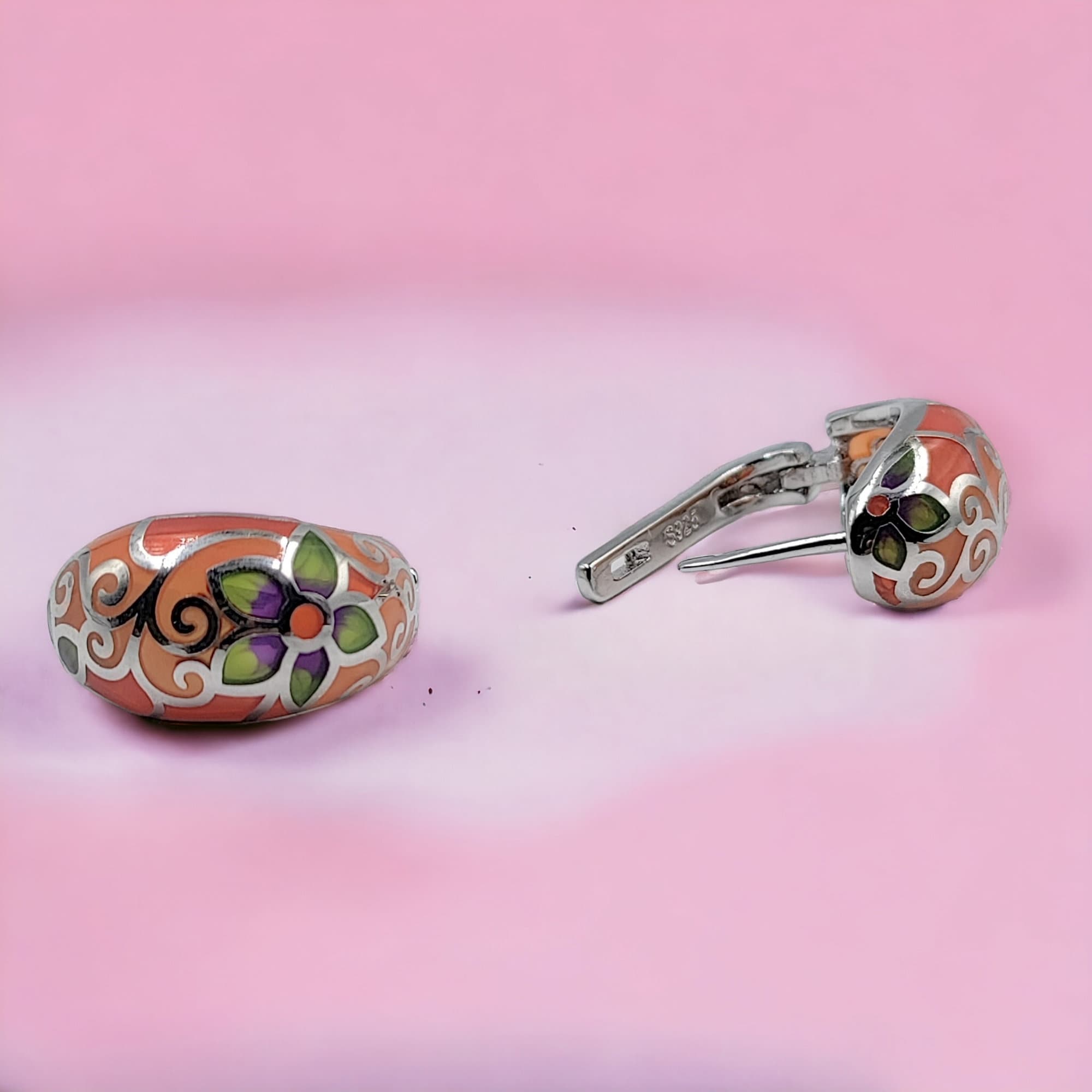 Orange Floral Petal Earrings Classic Trendy Enamel Earrings 925 Sterling Silver Flower Design Hoops-17x10 mm