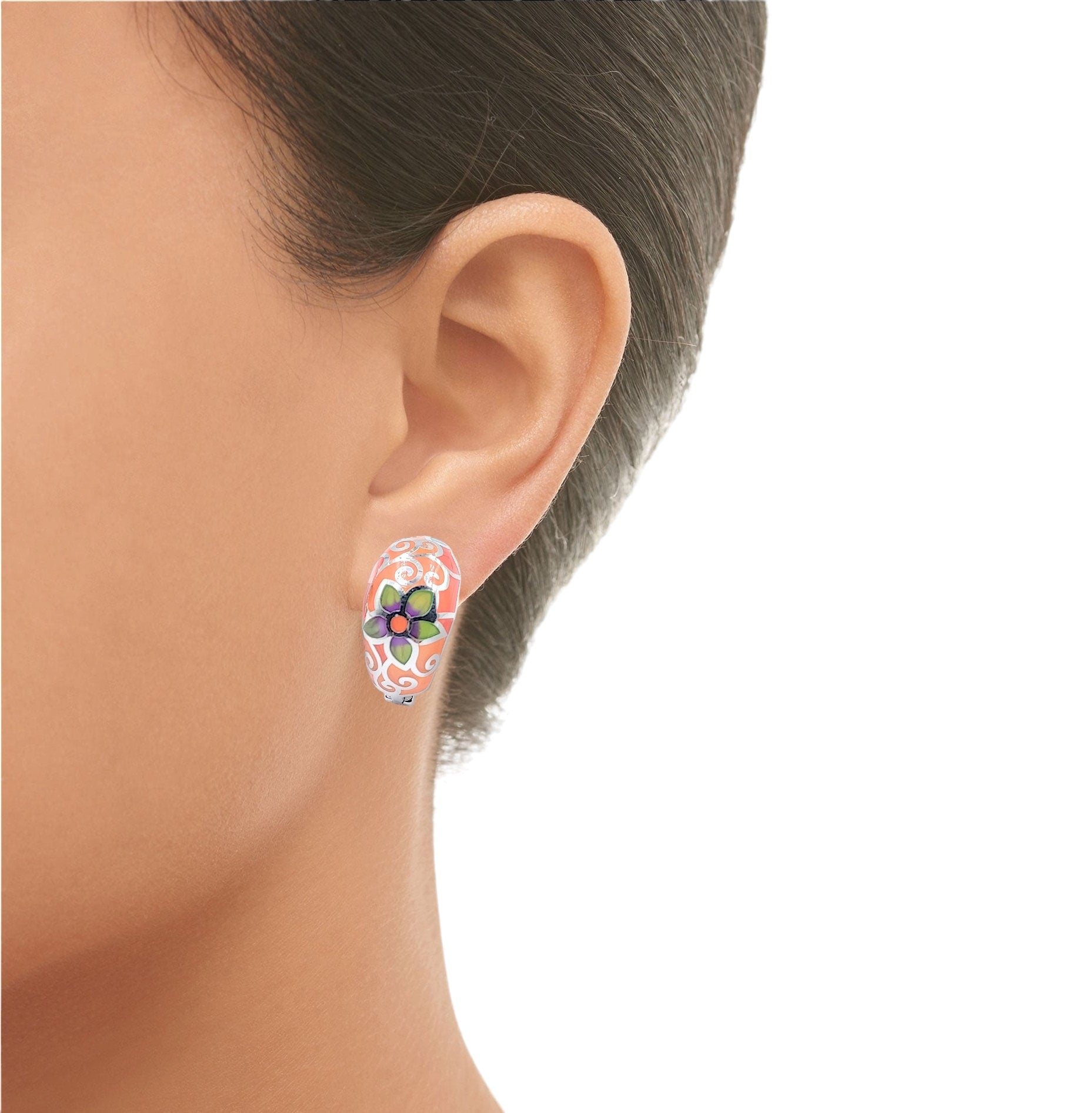 Orange Floral Petal Earrings Classic Trendy Enamel Earrings 925 Sterling Silver Flower Design Hoops-17x10 mm