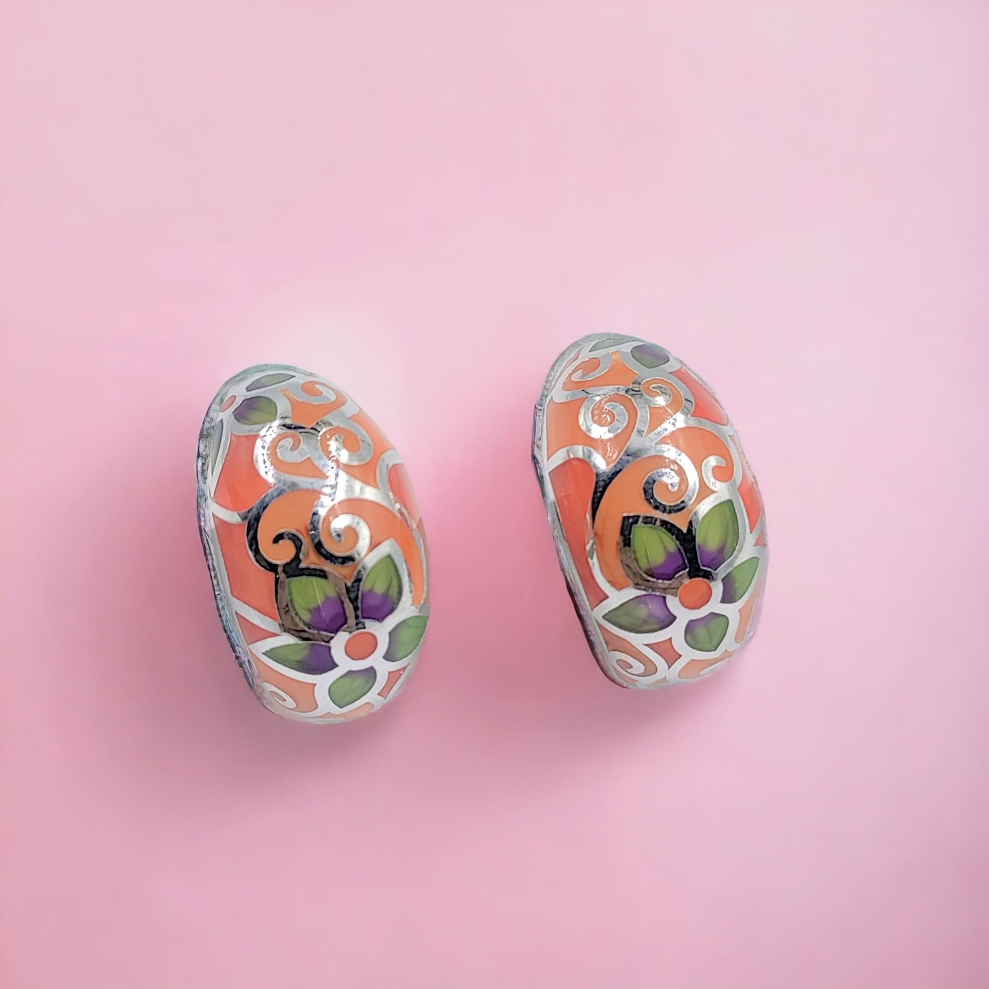 Orange Floral Petal Earrings Classic Trendy Enamel Earrings 925 Sterling Silver Flower Design Hoops-17x10 mm