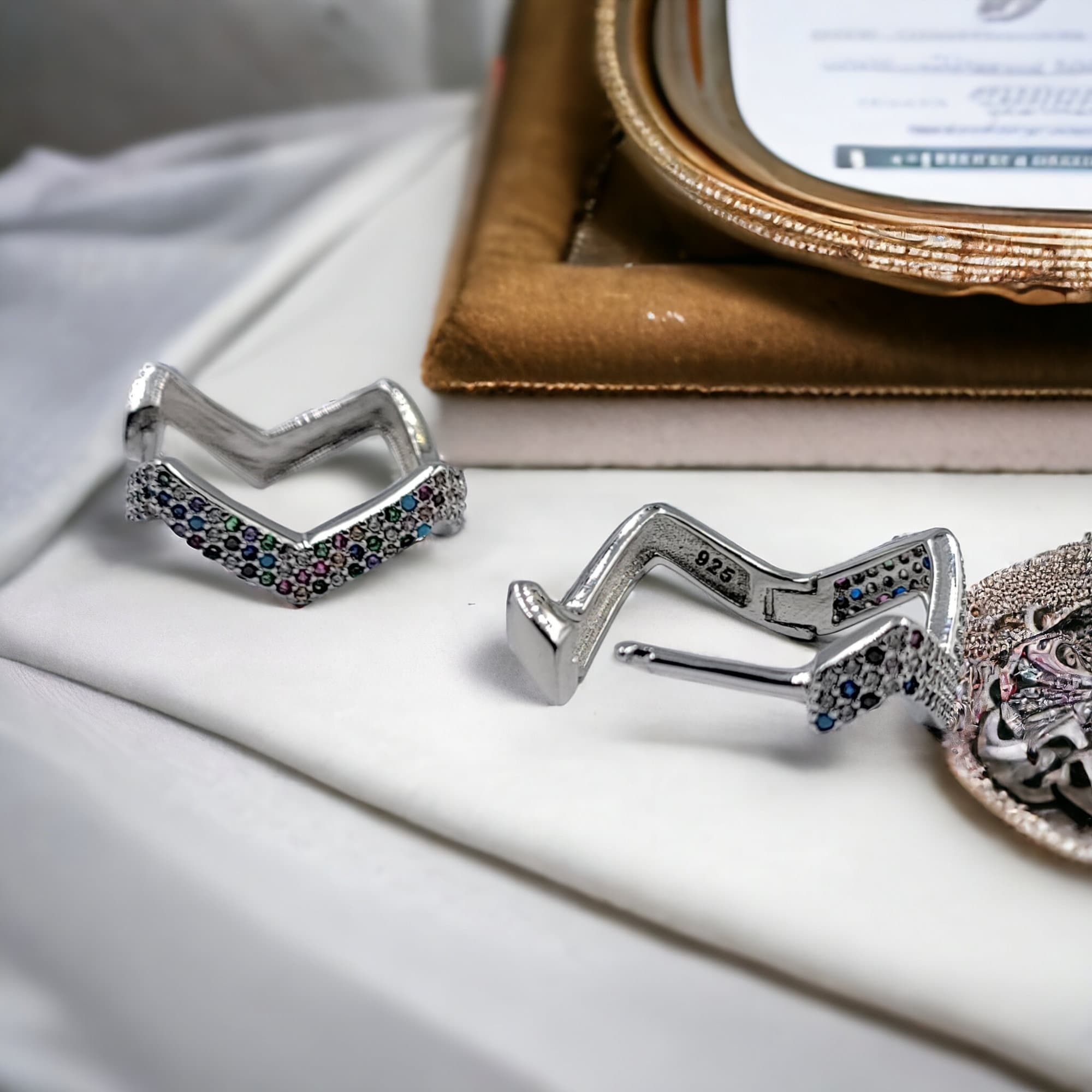 Zig Zag Multi Colored Cubic Zirconia Diamond Hoops 925 Sterling Silver Minimalist Handmade Gift-20x14 mm