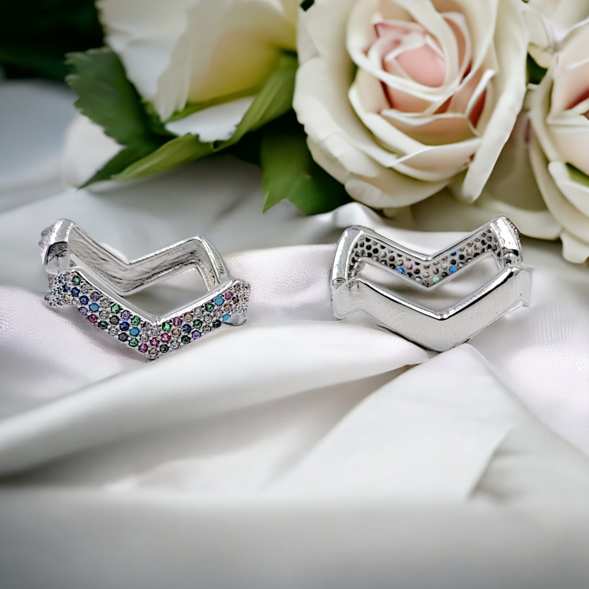 Zig Zag Multi Colored Cubic Zirconia Diamond Hoops 925 Sterling Silver Minimalist Handmade Gift-20x14 mm