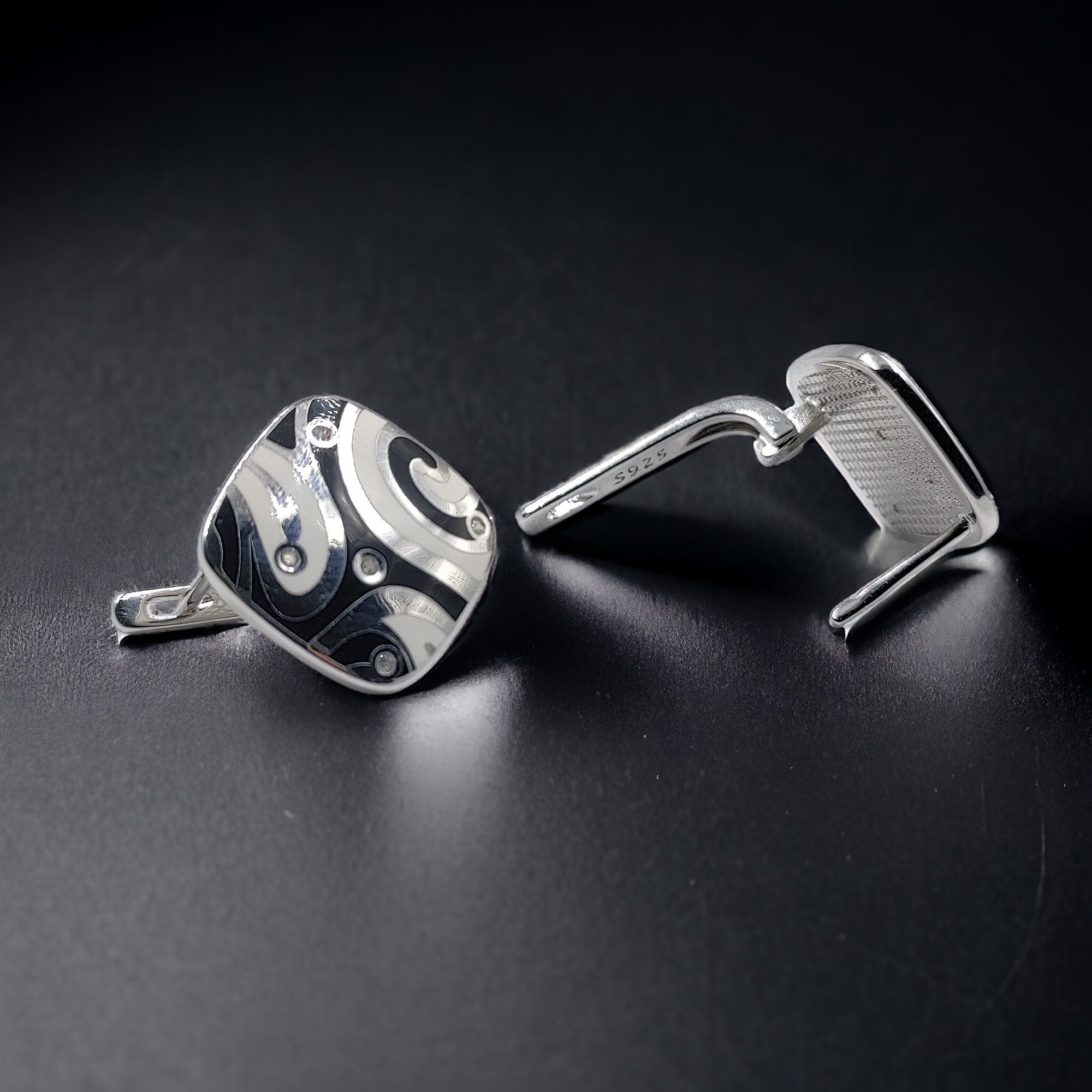 Black and White Swirl Pattern Stud Earrings Women 925 Sterling Silver CZ Statement Enamel Jewelry-18x18 mm