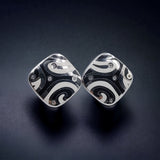 Black and White Swirl Pattern Stud Earrings Women 925 Sterling Silver CZ Statement Enamel Jewelry-18x18 mm