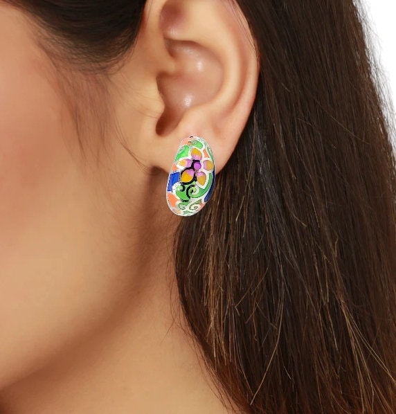 Classic Trendy Floral Petal Enamel Silver Earrings 925 Sterling Silver Floral Hoop Earrings Clip-on-17x9 mm