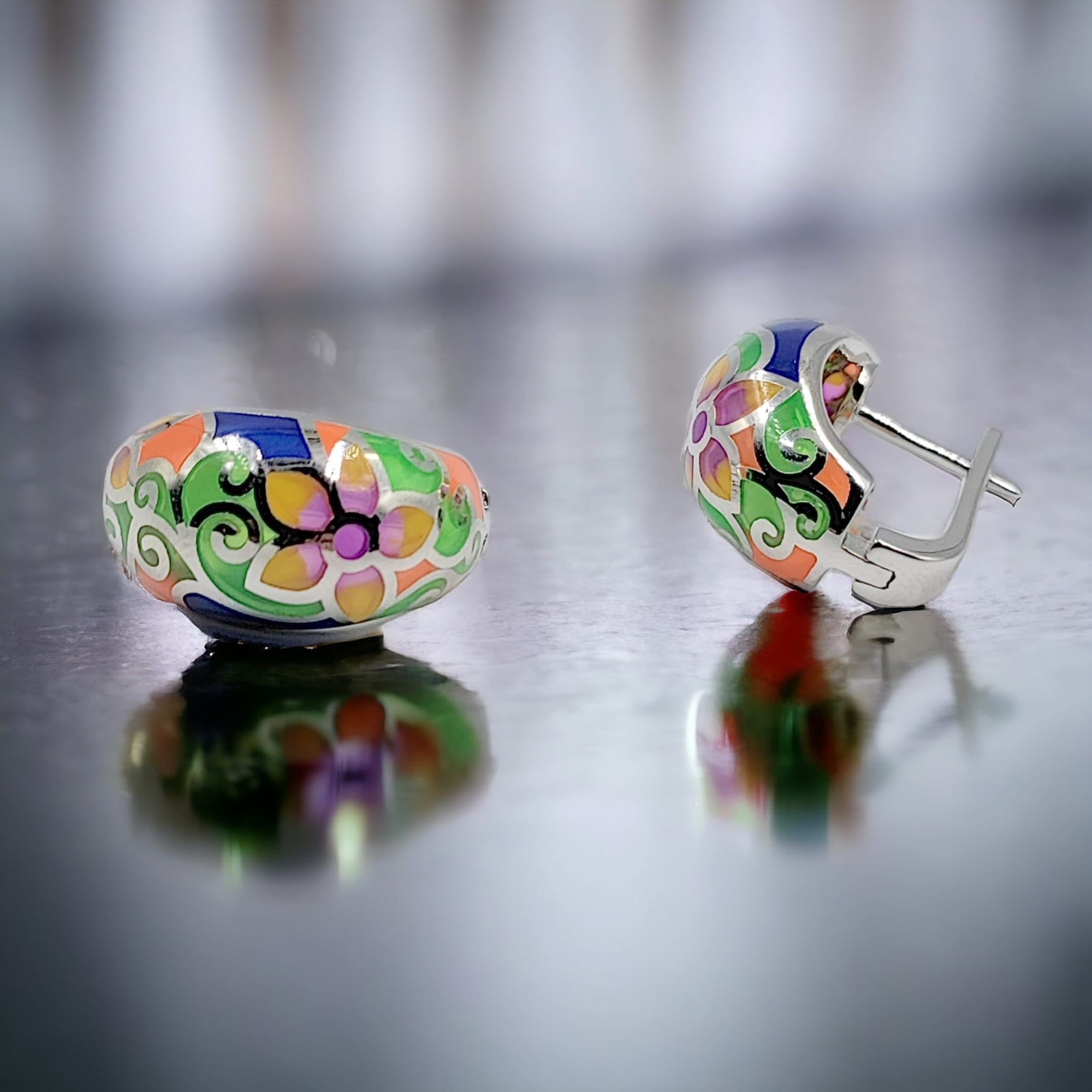 Classic Trendy Floral Petal Enamel Silver Earrings 925 Sterling Silver Floral Hoop Earrings Clip-on-17x9 mm