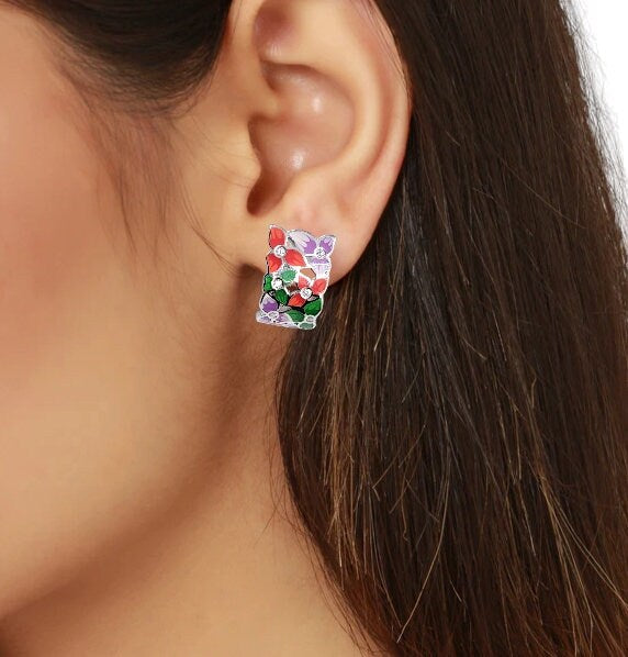 Pretty Enamel Hoop Earring 925 Sterling Silver Multi color Clip-on Earring for Women Minimalist Handmade Gift-16x10 mm