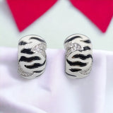 925 Sterling Silver Strips Pattern Earrings For Women Black and White Enamel Shiny CZ Earrings Jewelry-17x10 mm