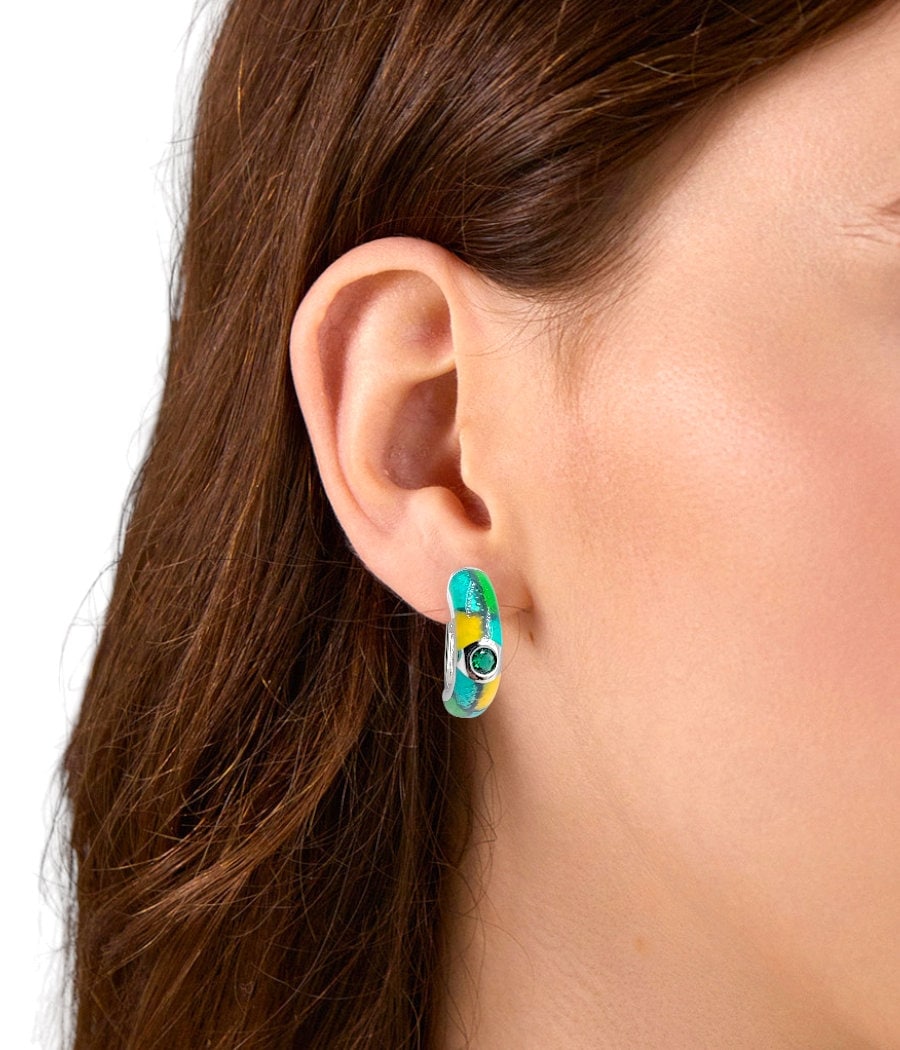 Green Enamel 925 Silver Earrings Rhodium Plated Earrings Small Earrings Mini Art Deco Earrings Minimalist Handmade Gift-18x6 mm