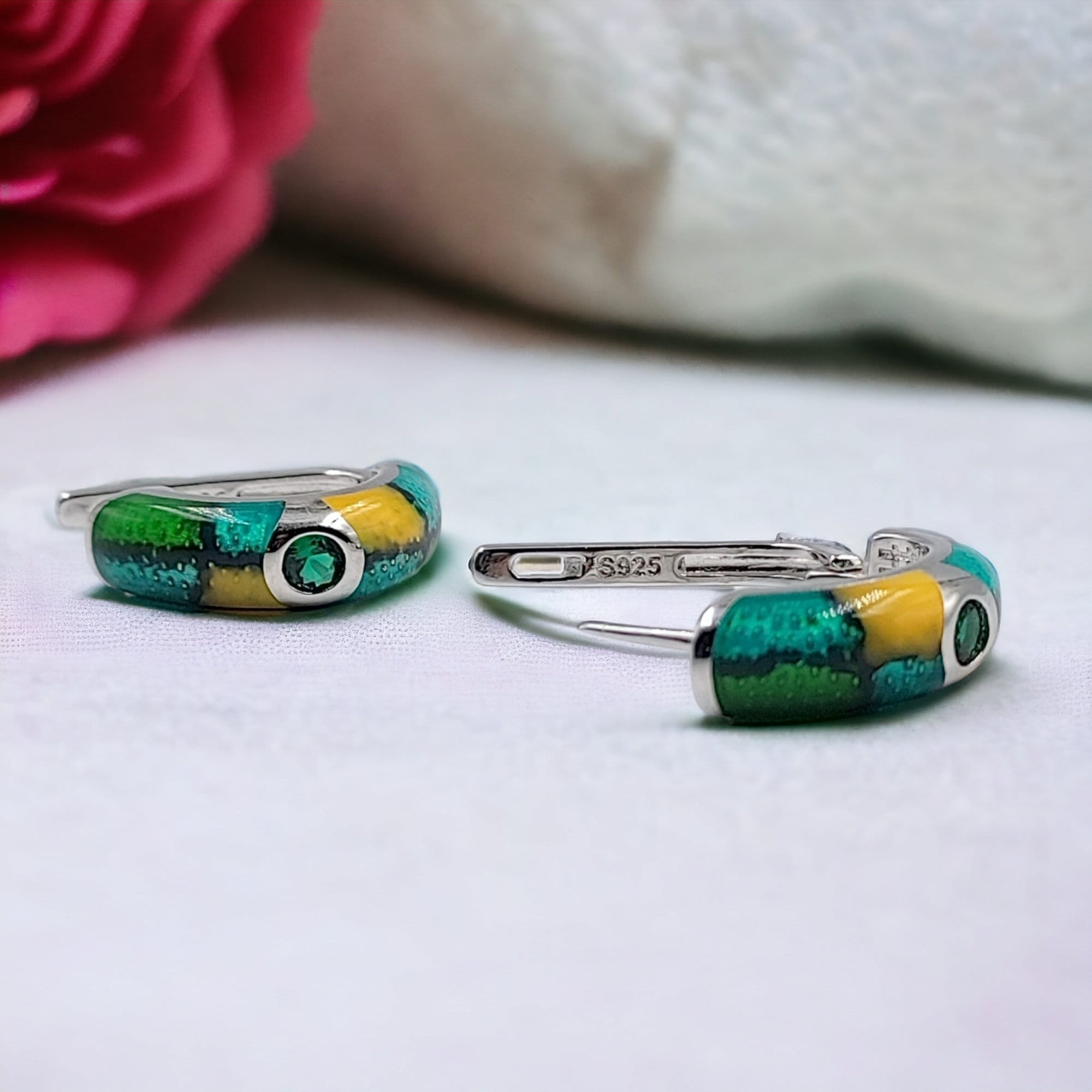 Green Enamel 925 Silver Earrings Rhodium Plated Earrings Small Earrings Mini Art Deco Earrings Minimalist Handmade Gift-18x6 mm