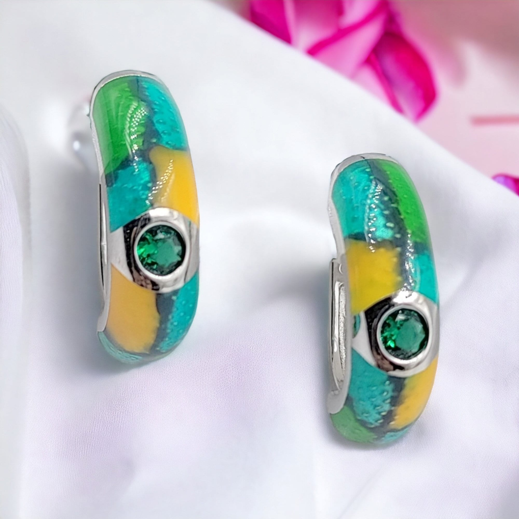 Green Enamel 925 Silver Earrings Rhodium Plated Earrings Small Earrings Mini Art Deco Earrings Minimalist Handmade Gift-18x6 mm