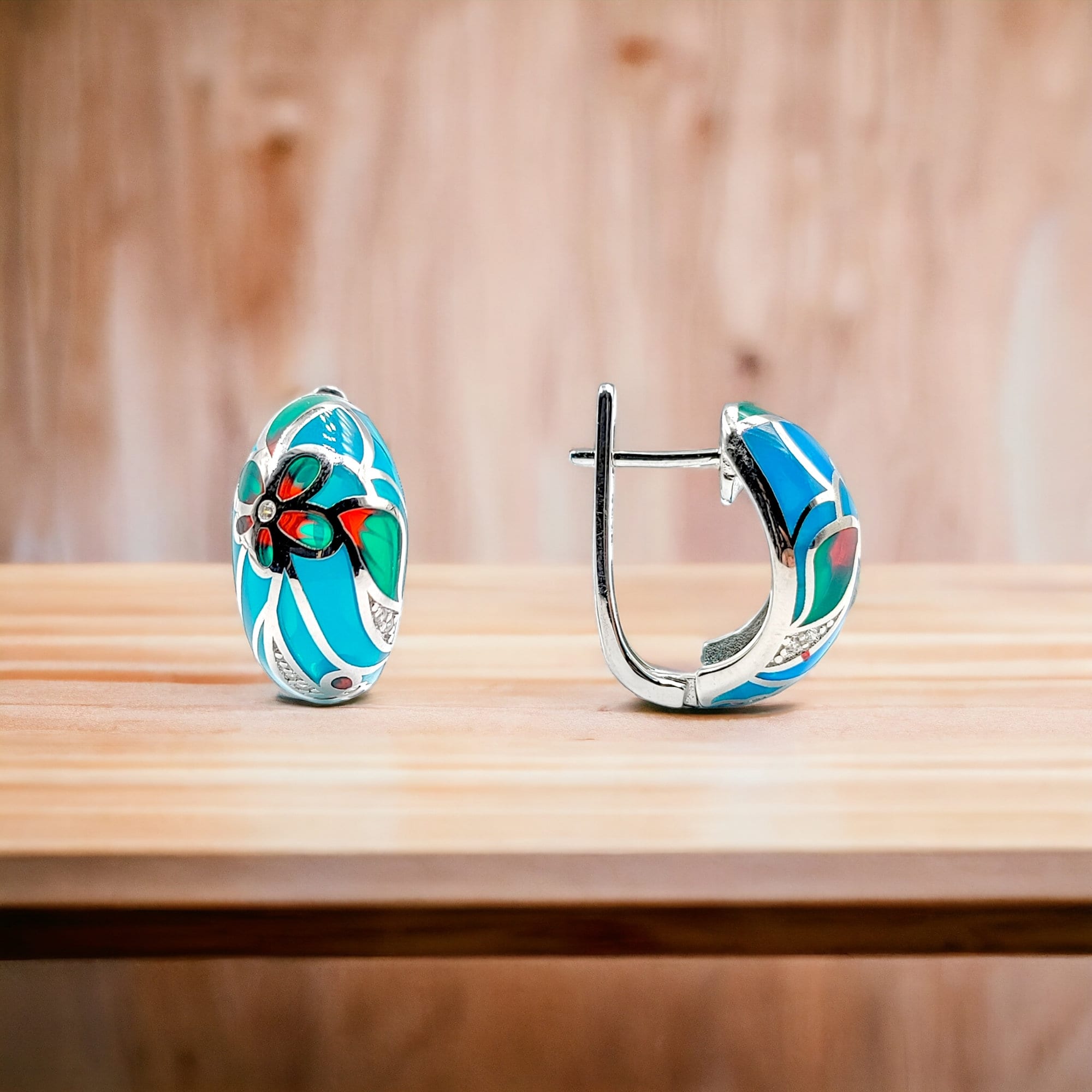 Blue Enamel 925 Silver Earrings Rhodium Plated Earrings Small Earrings Mini Art Deco Earrings Minimalist Handmade Gift-18x9 mm