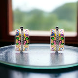 Floral Enamel Silver Earrings Rhodium Plated Earrings Small Earrings Mini Art Deco Earrings Minimalist Handmade Gift-16x10 mm