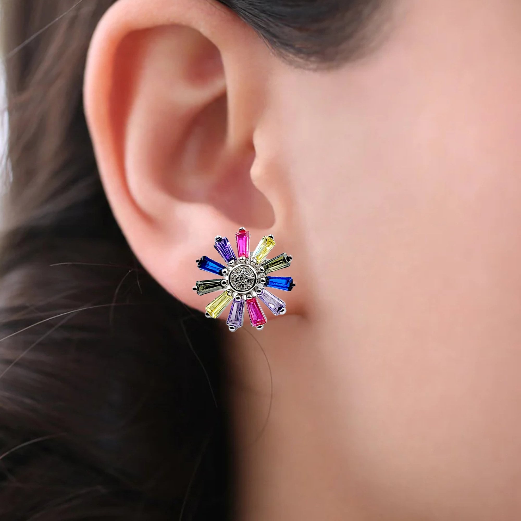 Daisy Colorful Earrings 925 Sterling Silver earrings with Colorful CZ Earrings Circle Floral Bridesmaids Gift