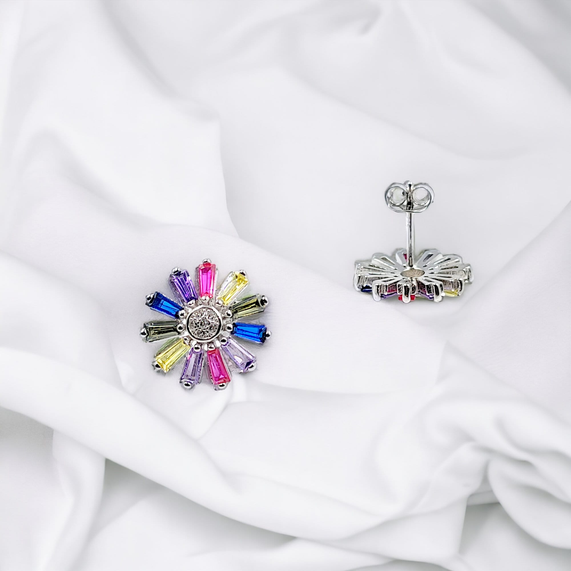 Daisy Colorful Earrings 925 Sterling Silver earrings with Colorful CZ Earrings Circle Floral Bridesmaids Gift