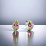 Pink Flower Enamel Sterling Silver Hoop Earrings Rhodium Plated CZ Petal Flower Earrings -14x9 mm