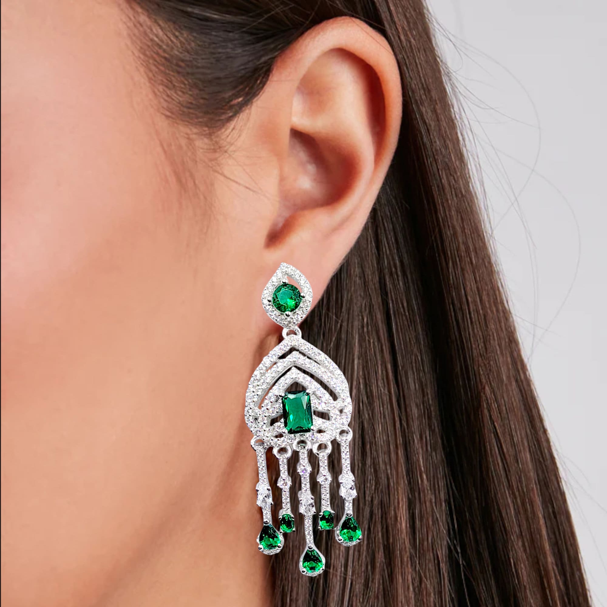 925 Sterling Silver Chandelier Cubic Zirconia Green Embellished Drop Pattern Earrings Minimalist Handmade Gift