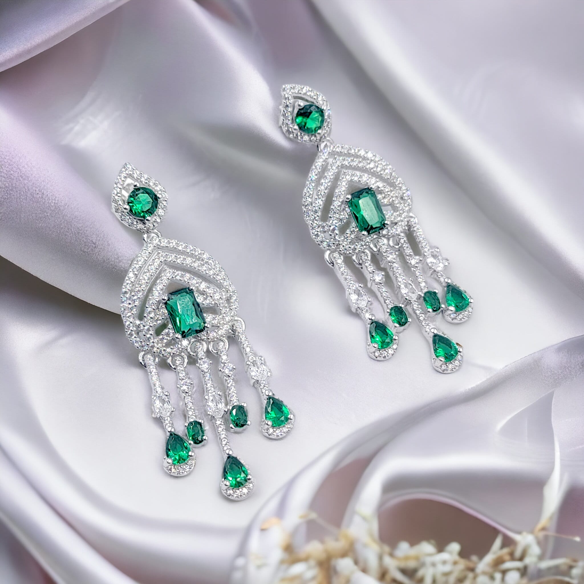 925 Sterling Silver Chandelier Cubic Zirconia Green Embellished Drop Pattern Earrings Minimalist Handmade Gift