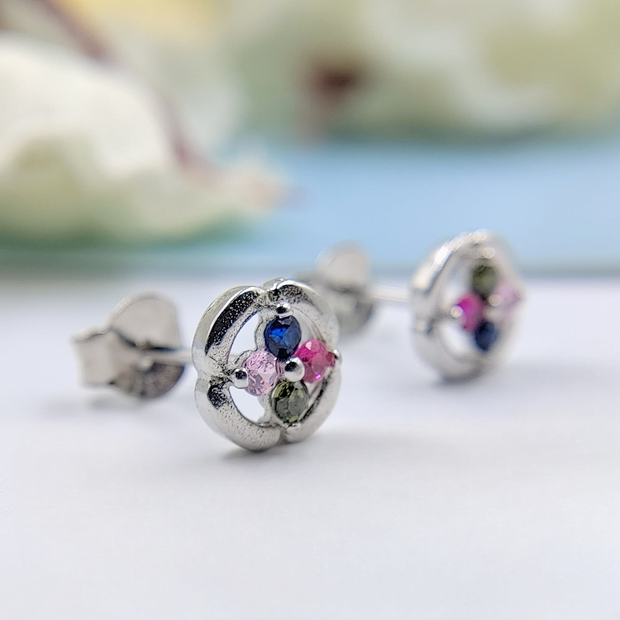 Flower Studs 925 Sterling Silver Multicolor Floral Earrings with Colorful CZ Clover Minimalist Handmade Gift for Mother Daughter